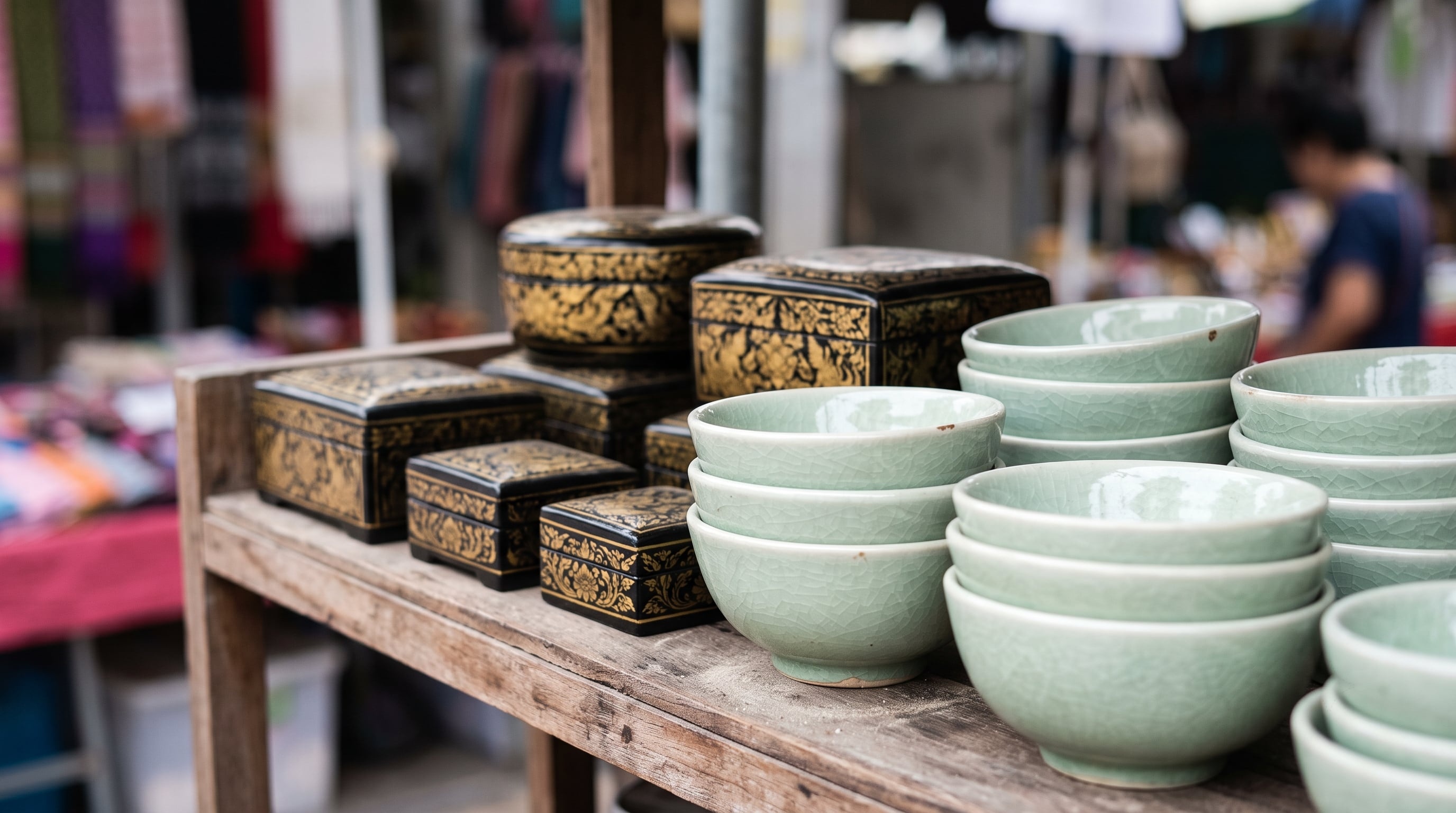 Black and gold lacquered boxes with stacked celadon bowls on a market stall.
