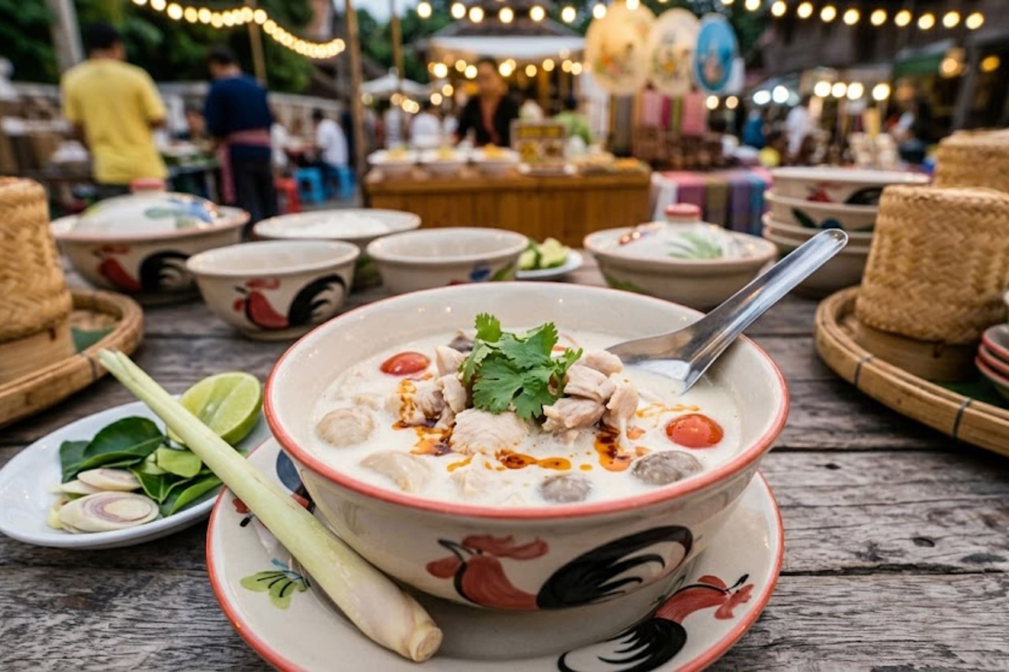 Tom Kha Gai coconut soup with chicken, lime, lemongrass at Thai night market.