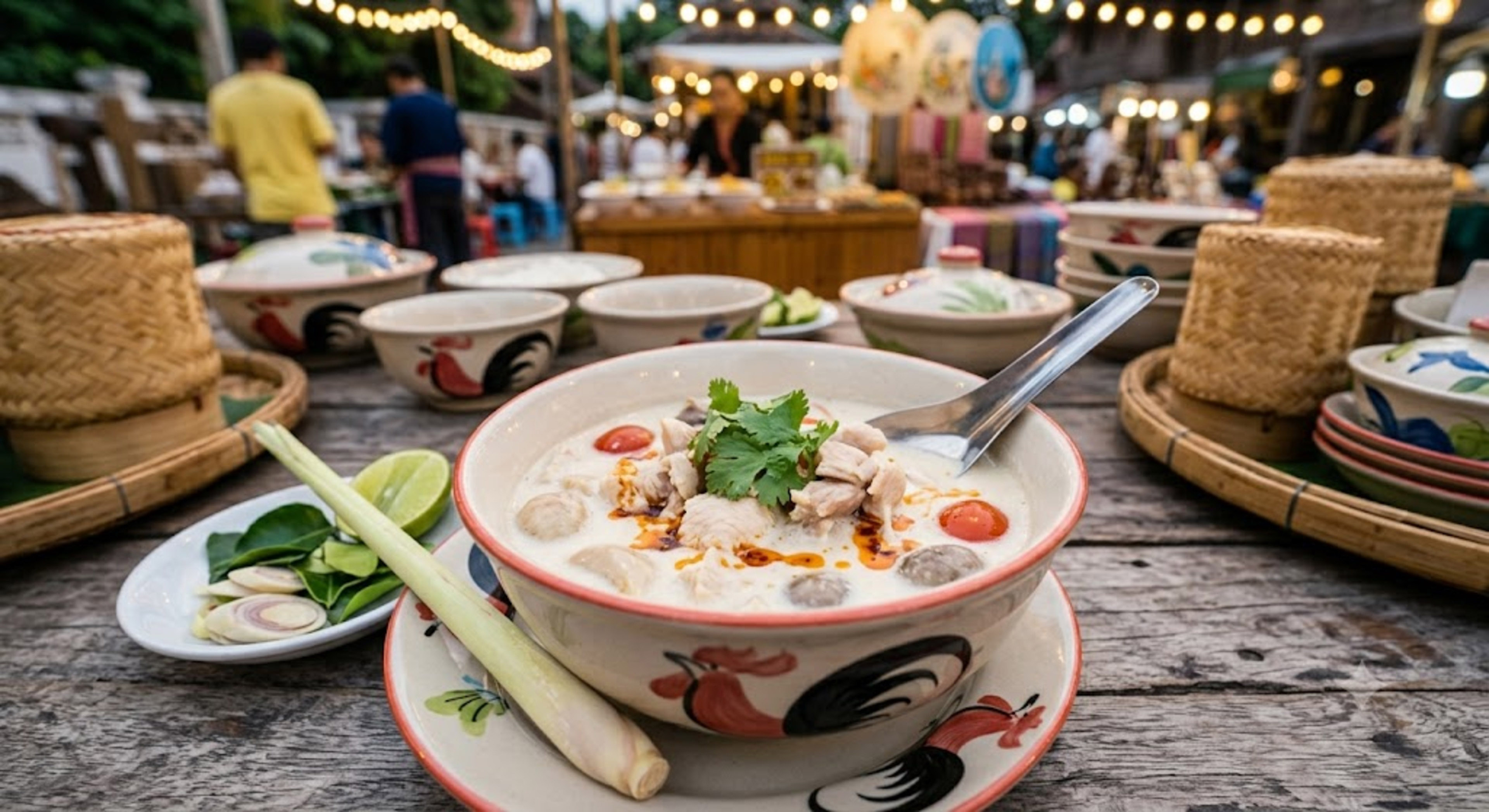 Tom Kha Gai coconut soup with chicken, lime, lemongrass at Thai night market.