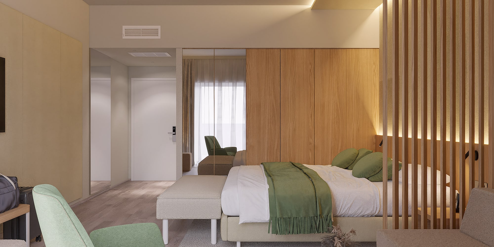 a bedroom with a bed and chairs