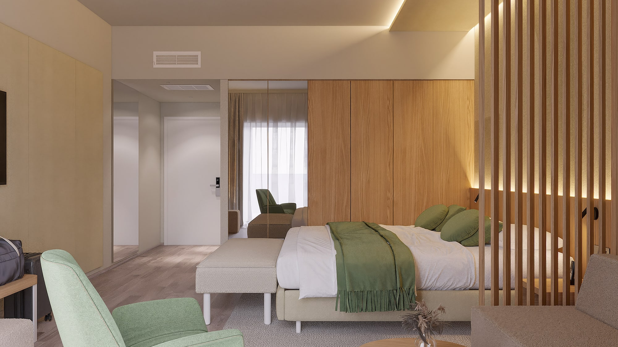 a bedroom with a bed and chairs