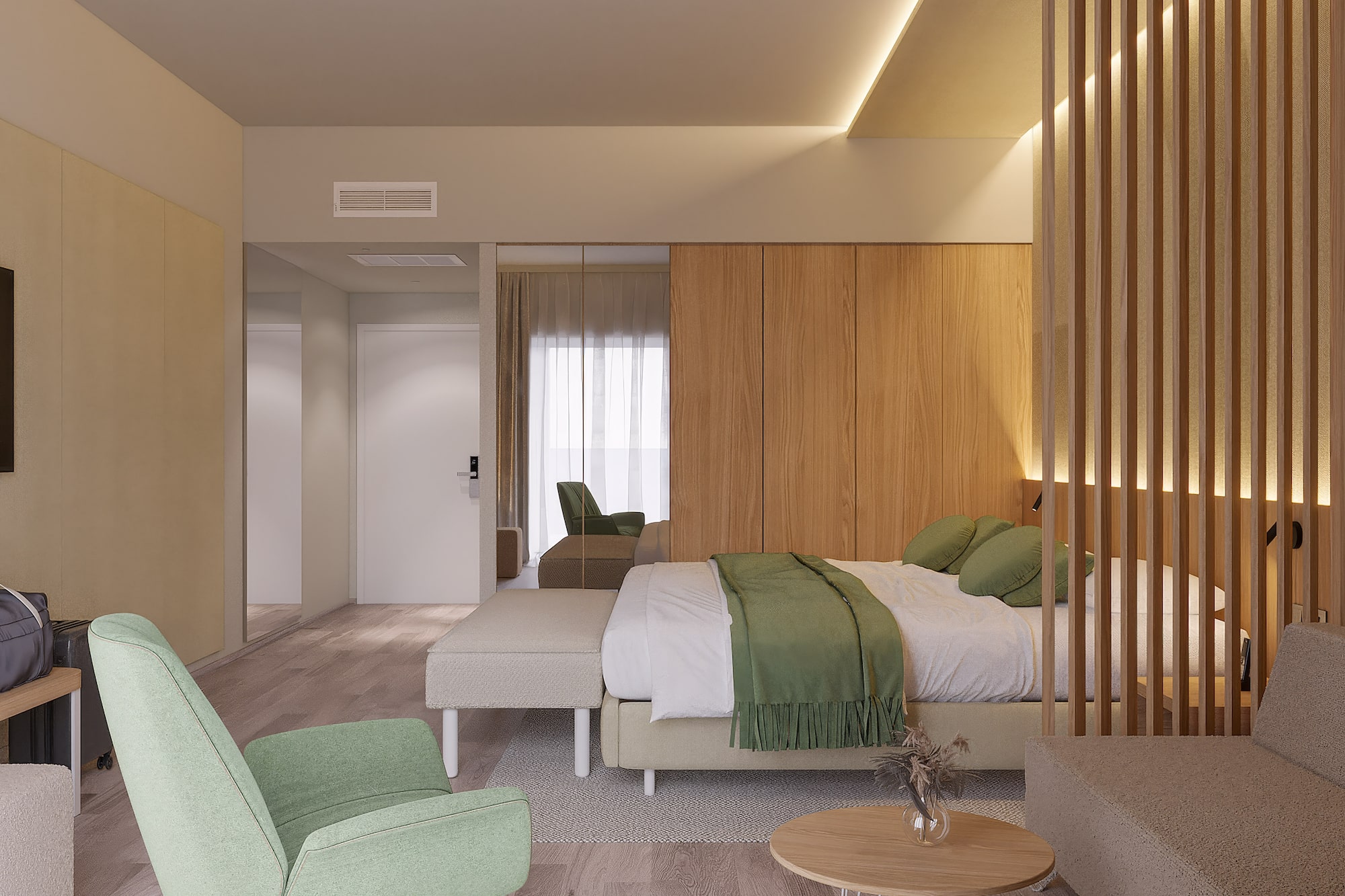 a bedroom with a bed and chairs