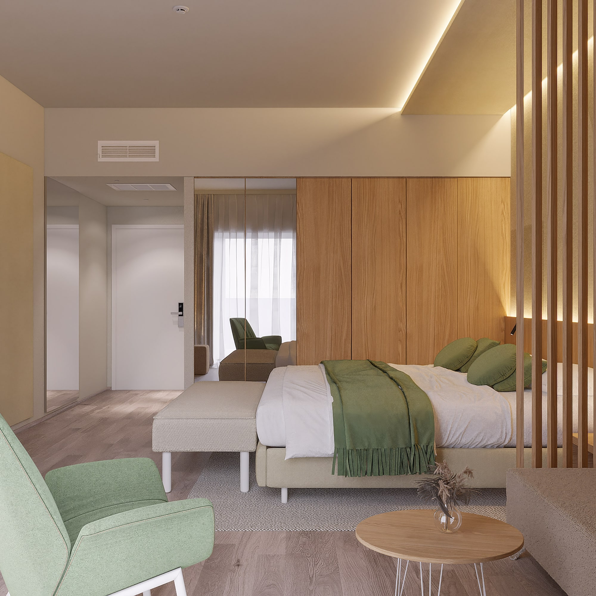 a bedroom with a bed and chairs