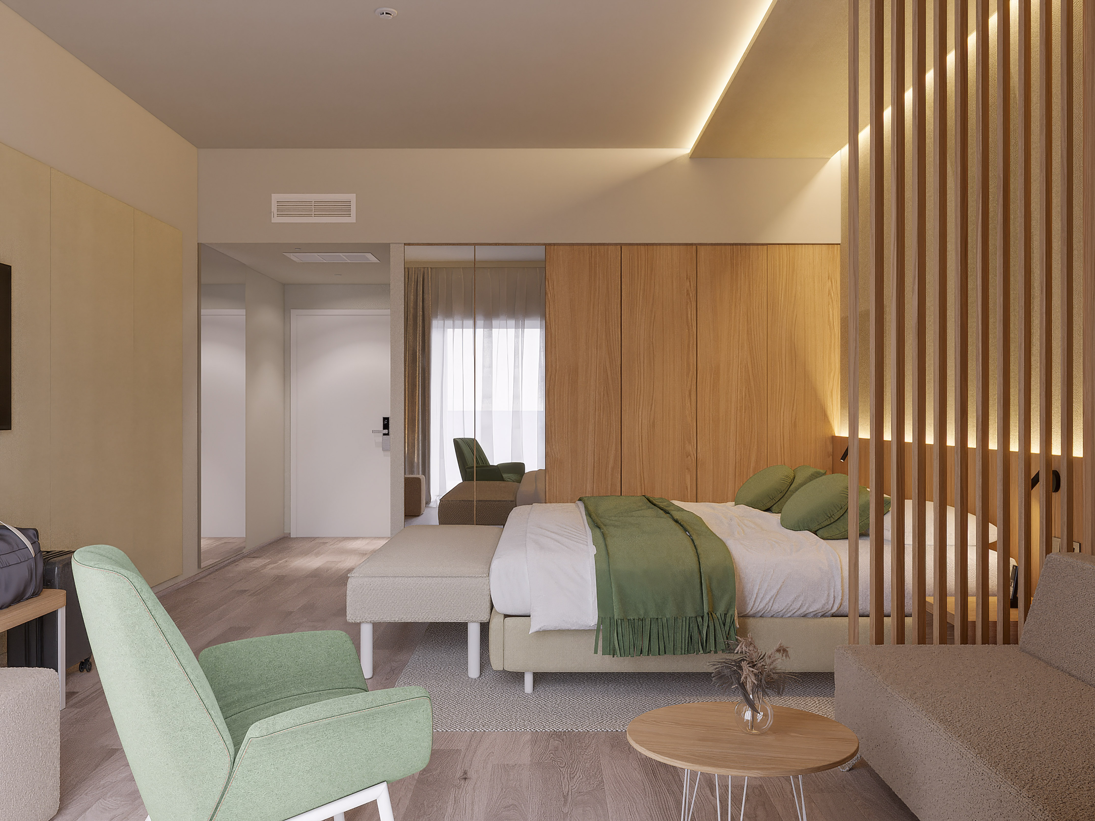 a bedroom with a bed and chairs