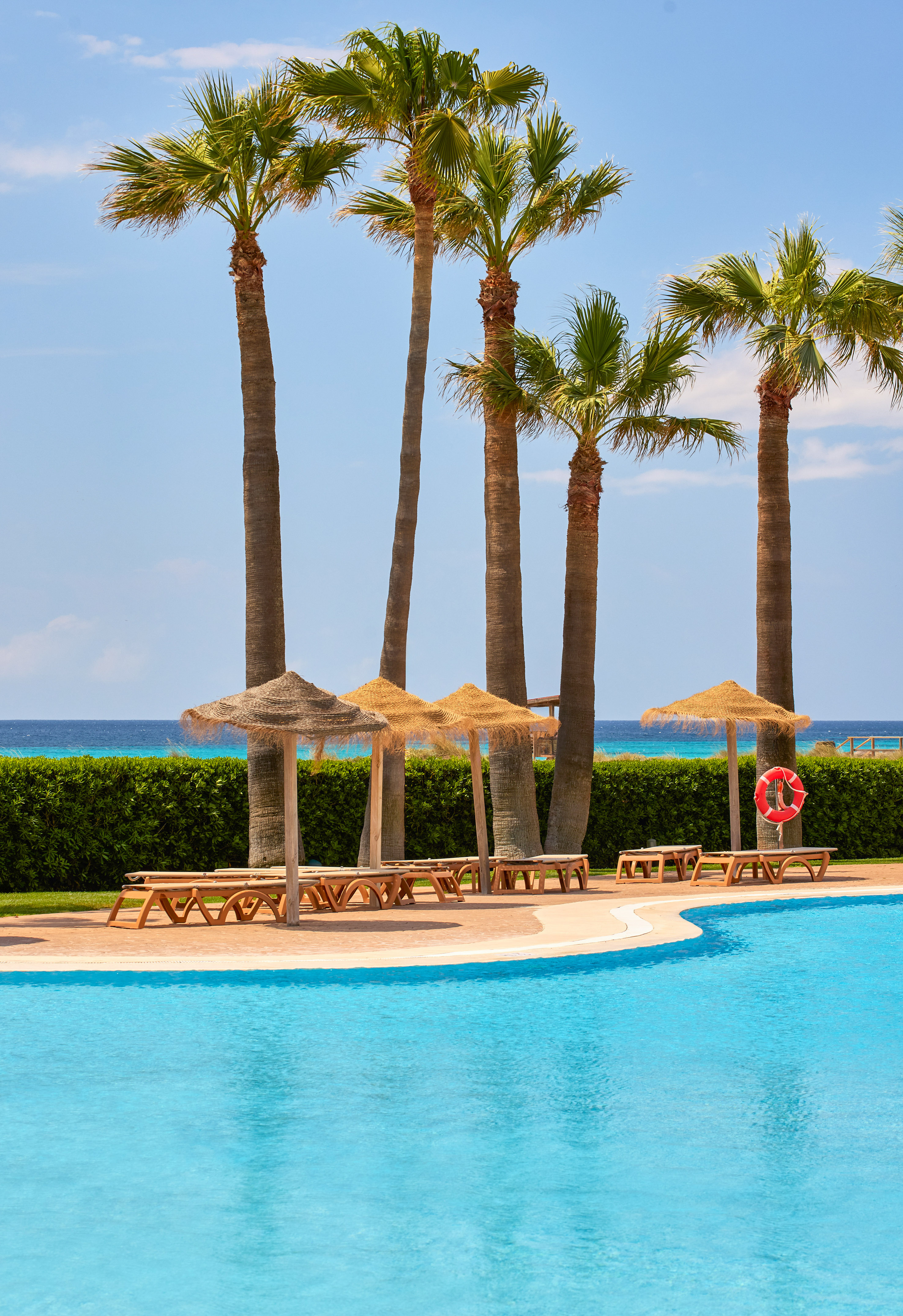 Palm trees, sun loungers, and thatched umbrellas by a resort pool and ocean.