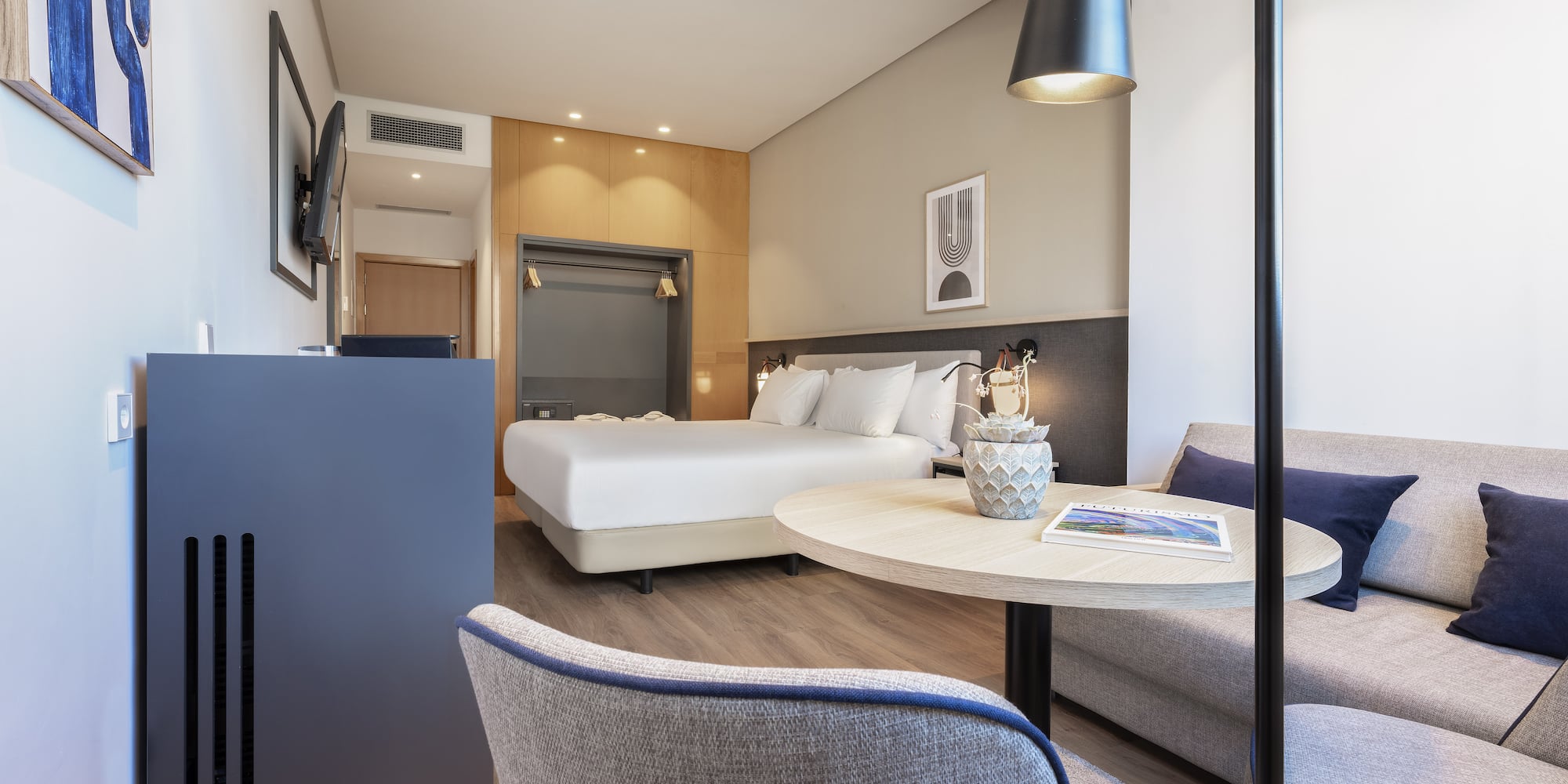 a room with a bed and a table