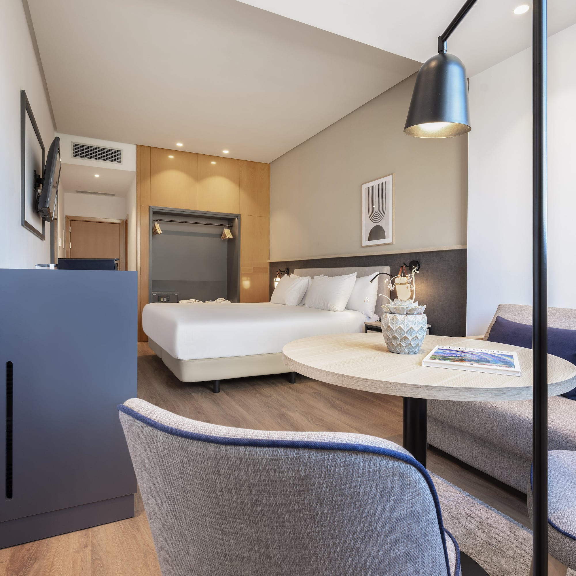 a room with a bed and a table