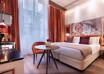 a room with a bed and a table