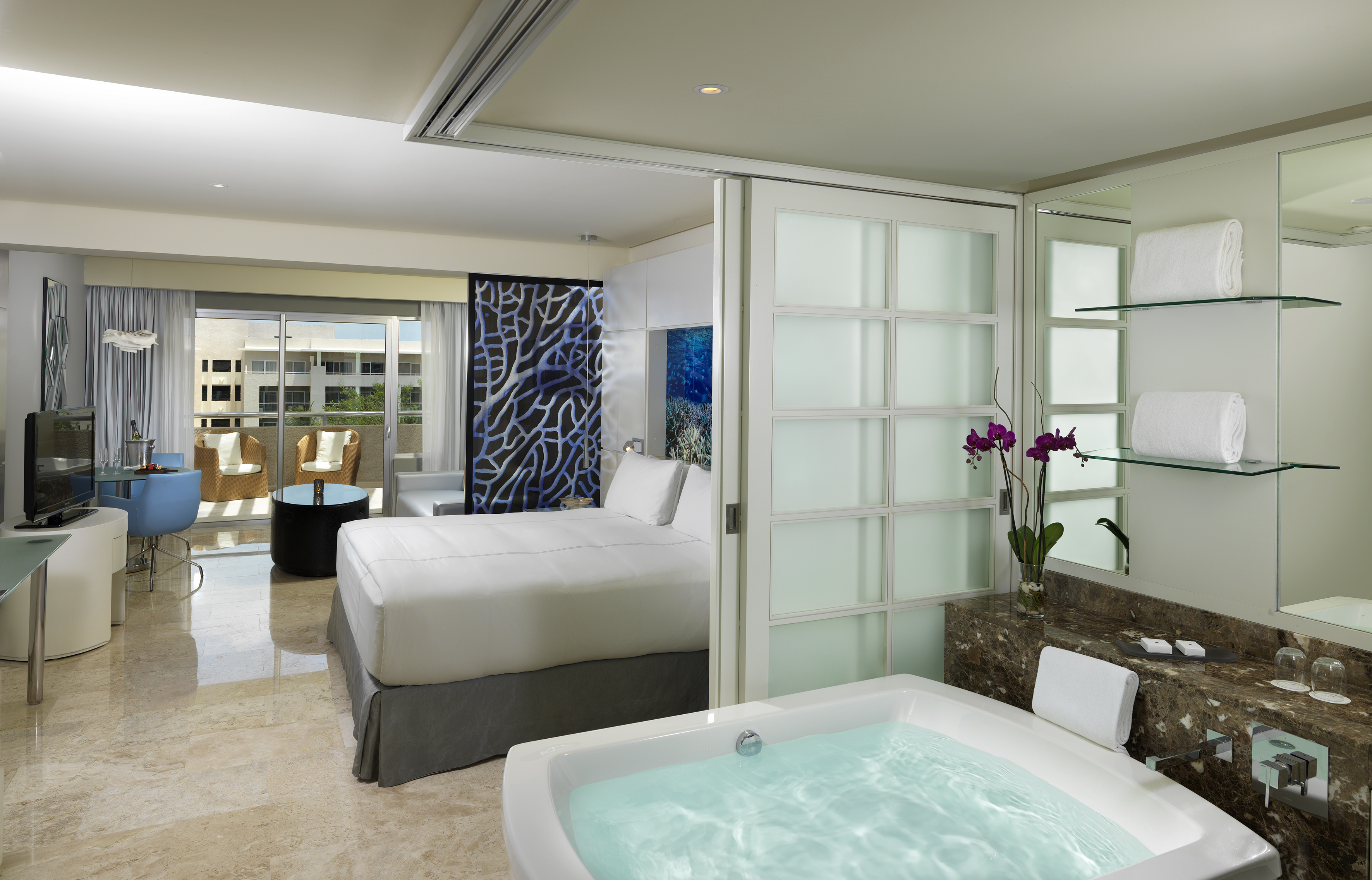 a room with a jacuzzi and a bed