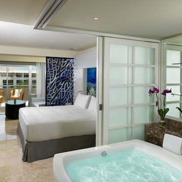 a room with a jacuzzi and a bed