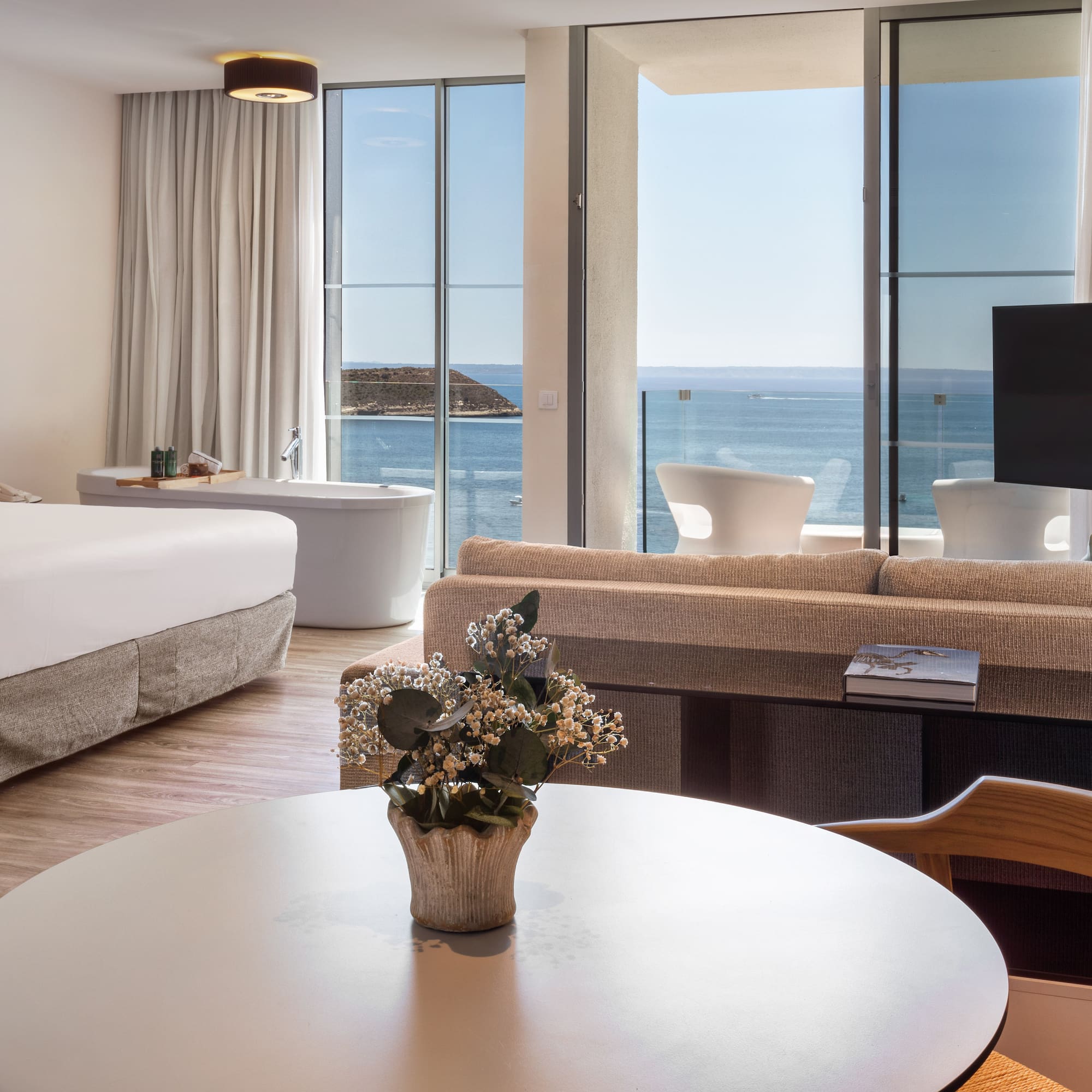 a room with a television and a table