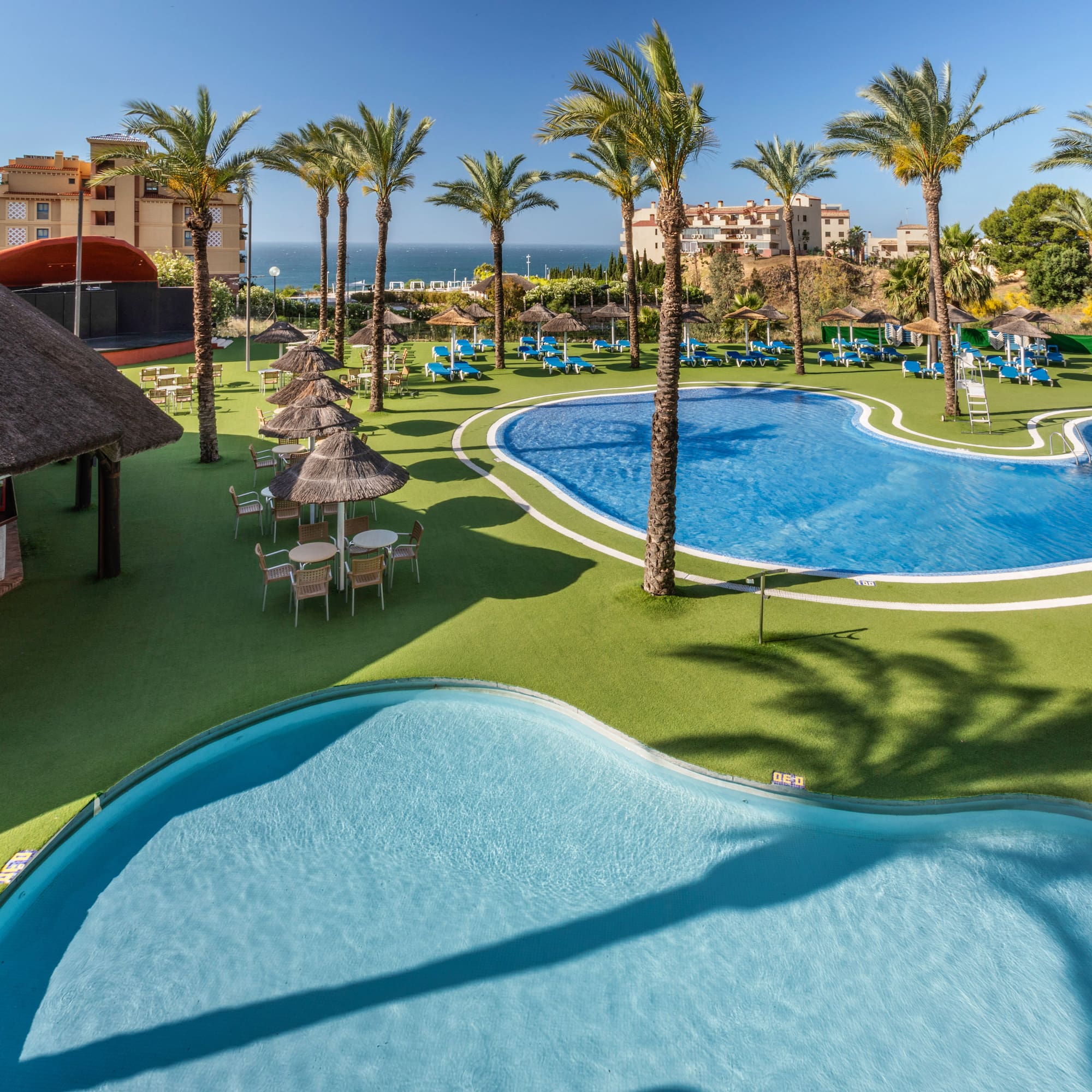a pool with umbrellas and chairs and palm trees