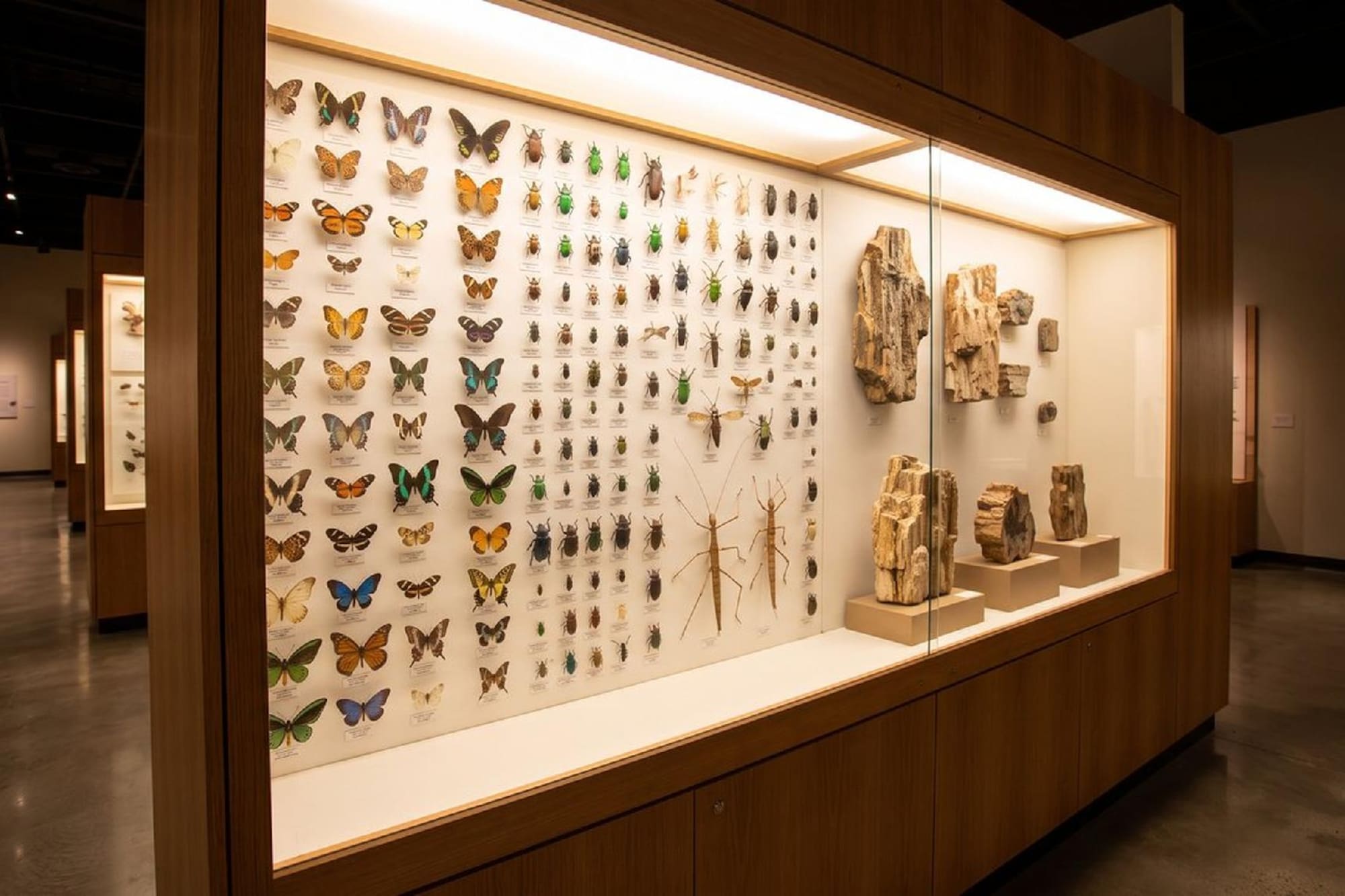 Vitrina de museo con mariposas, insectos y madera petrificada.