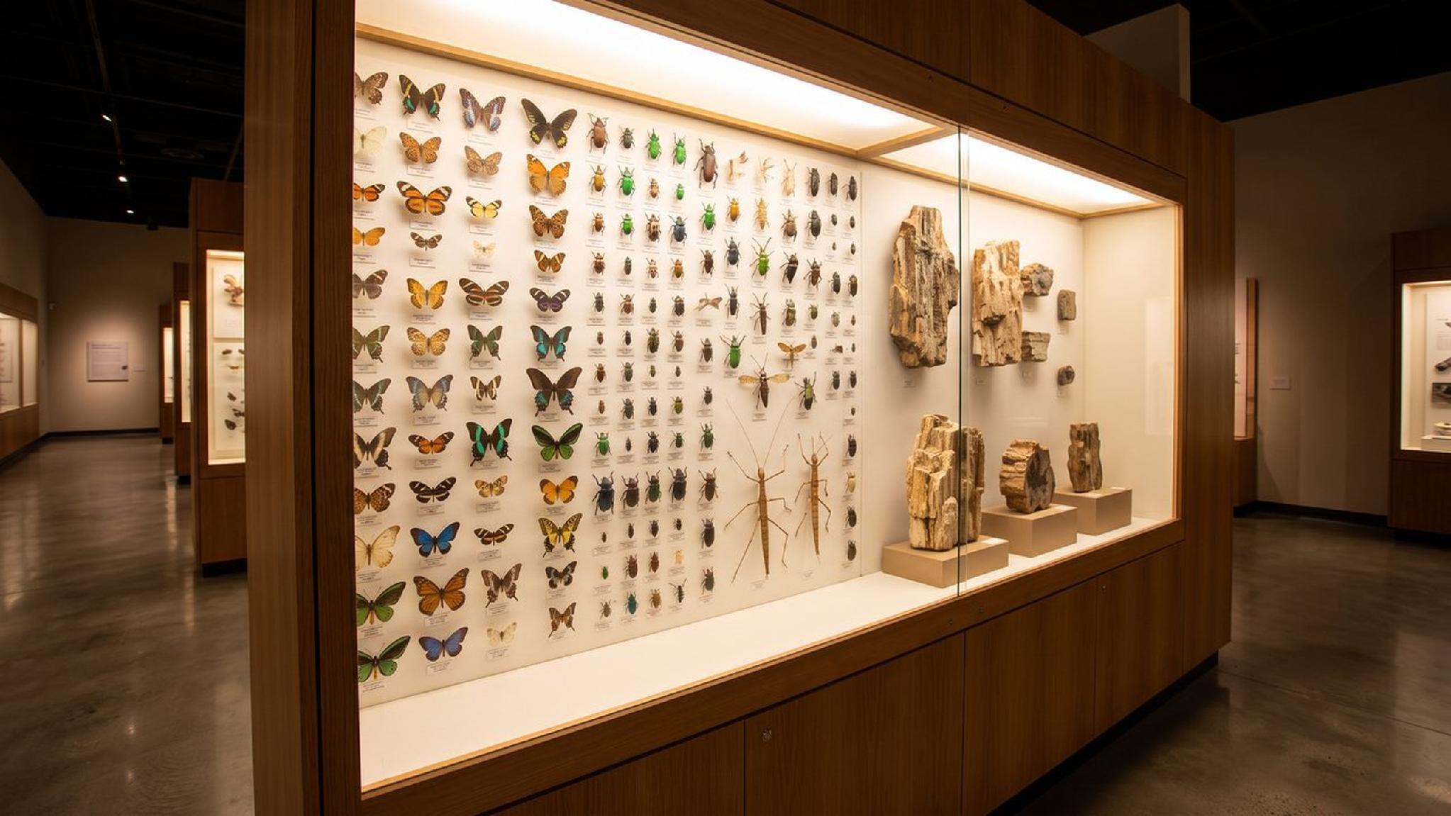 Vitrina de museo con mariposas, insectos y madera petrificada.