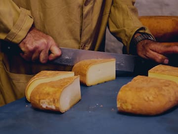 a person cutting a piece of cheese