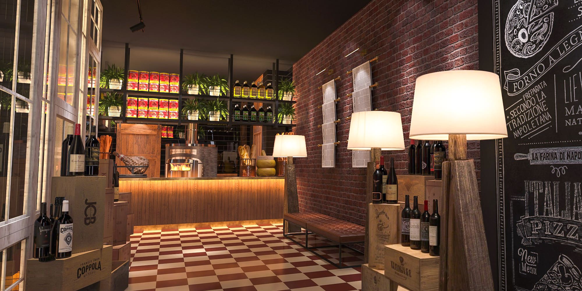 a room with a brick wall and shelves with bottles of wine