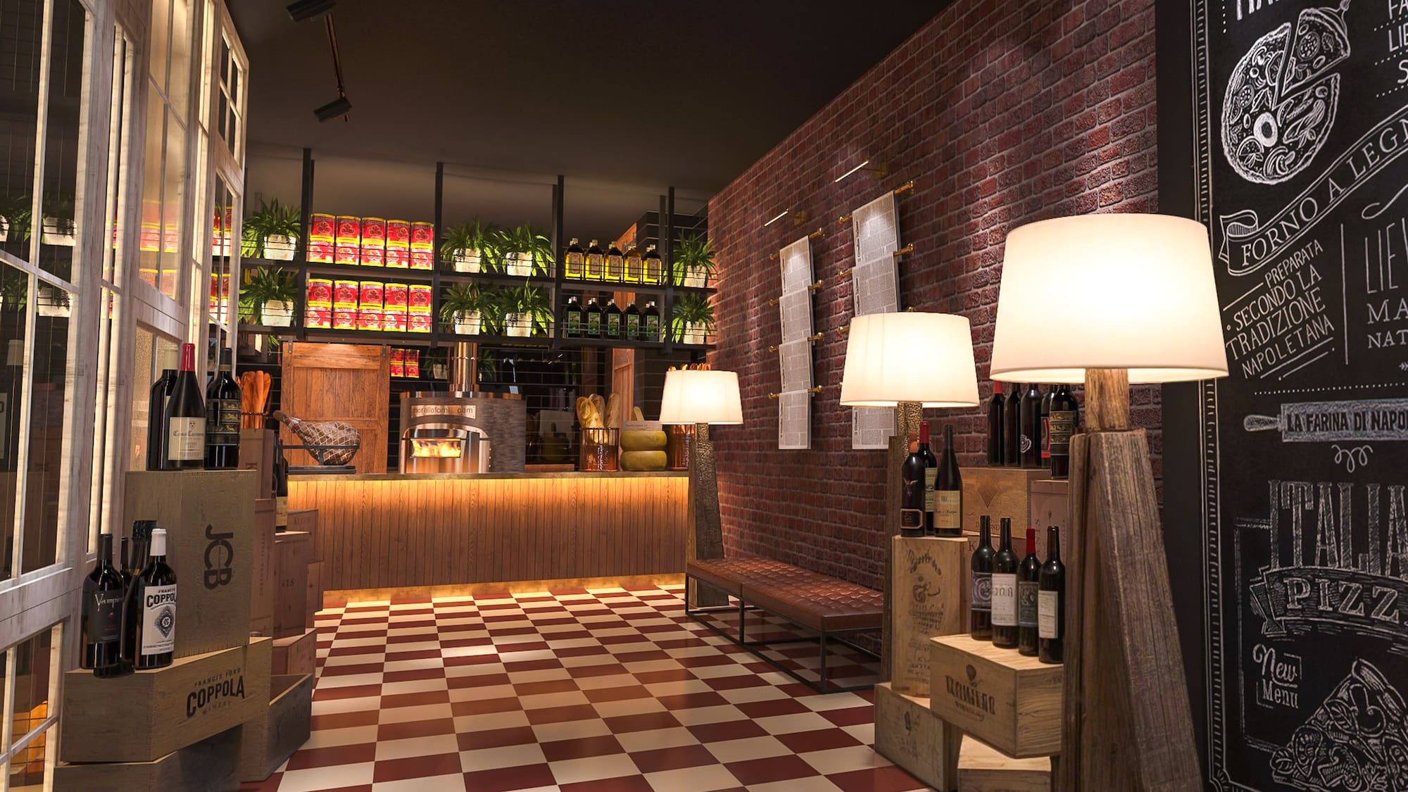a room with a brick wall and shelves with bottles of wine