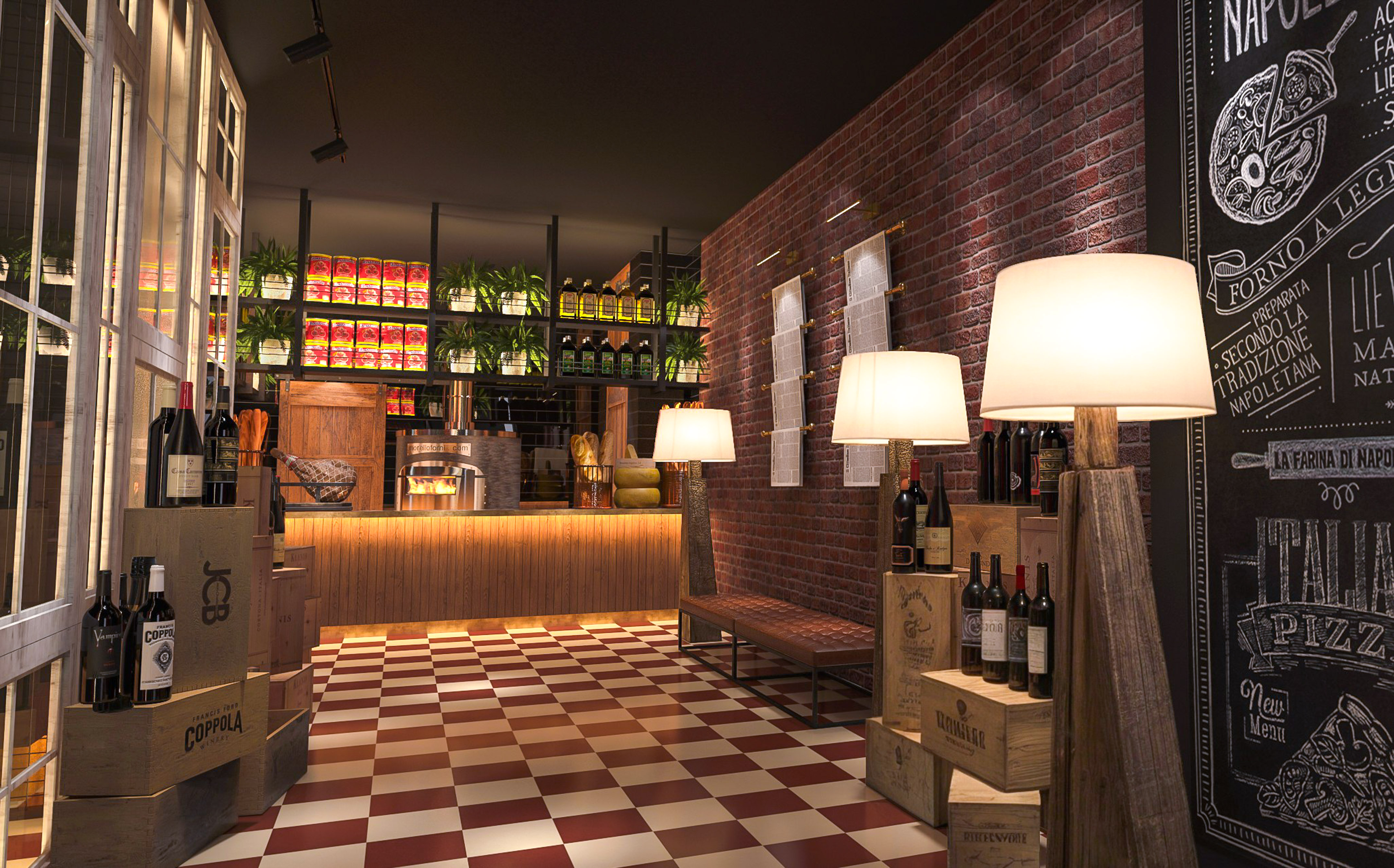 a room with a brick wall and shelves with bottles of wine