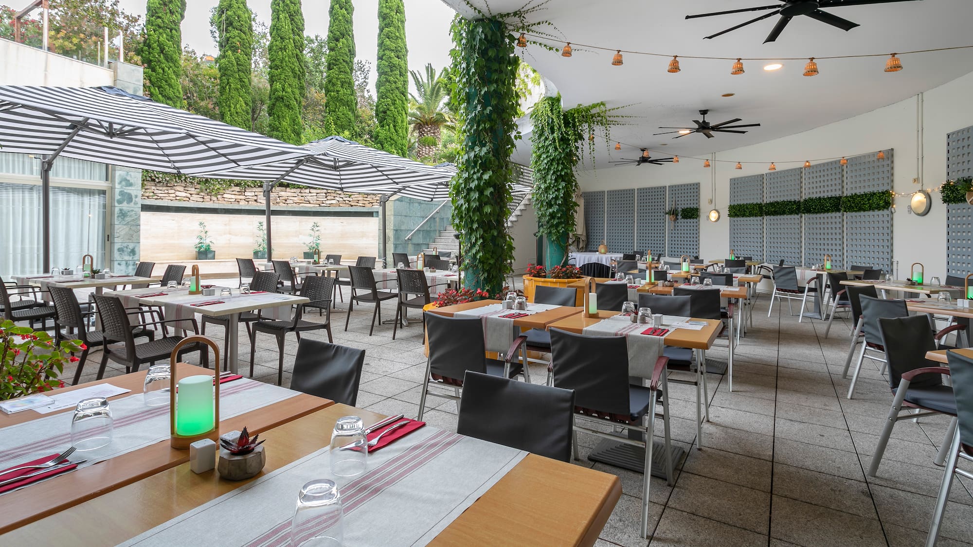 a large outdoor restaurant with tables and chairs