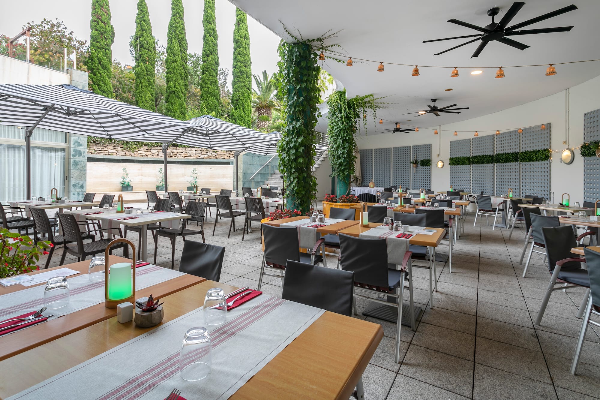 a large outdoor restaurant with tables and chairs