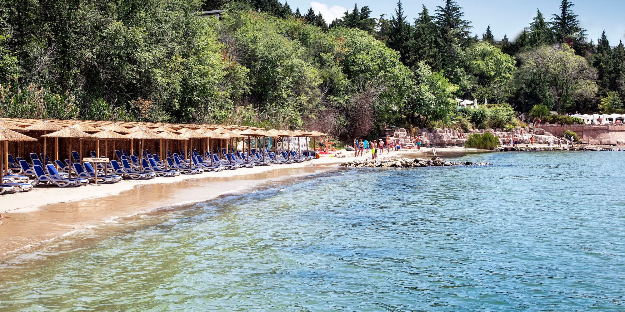 a beach with chairs and umbrellas
