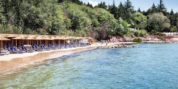 a beach with chairs and umbrellas