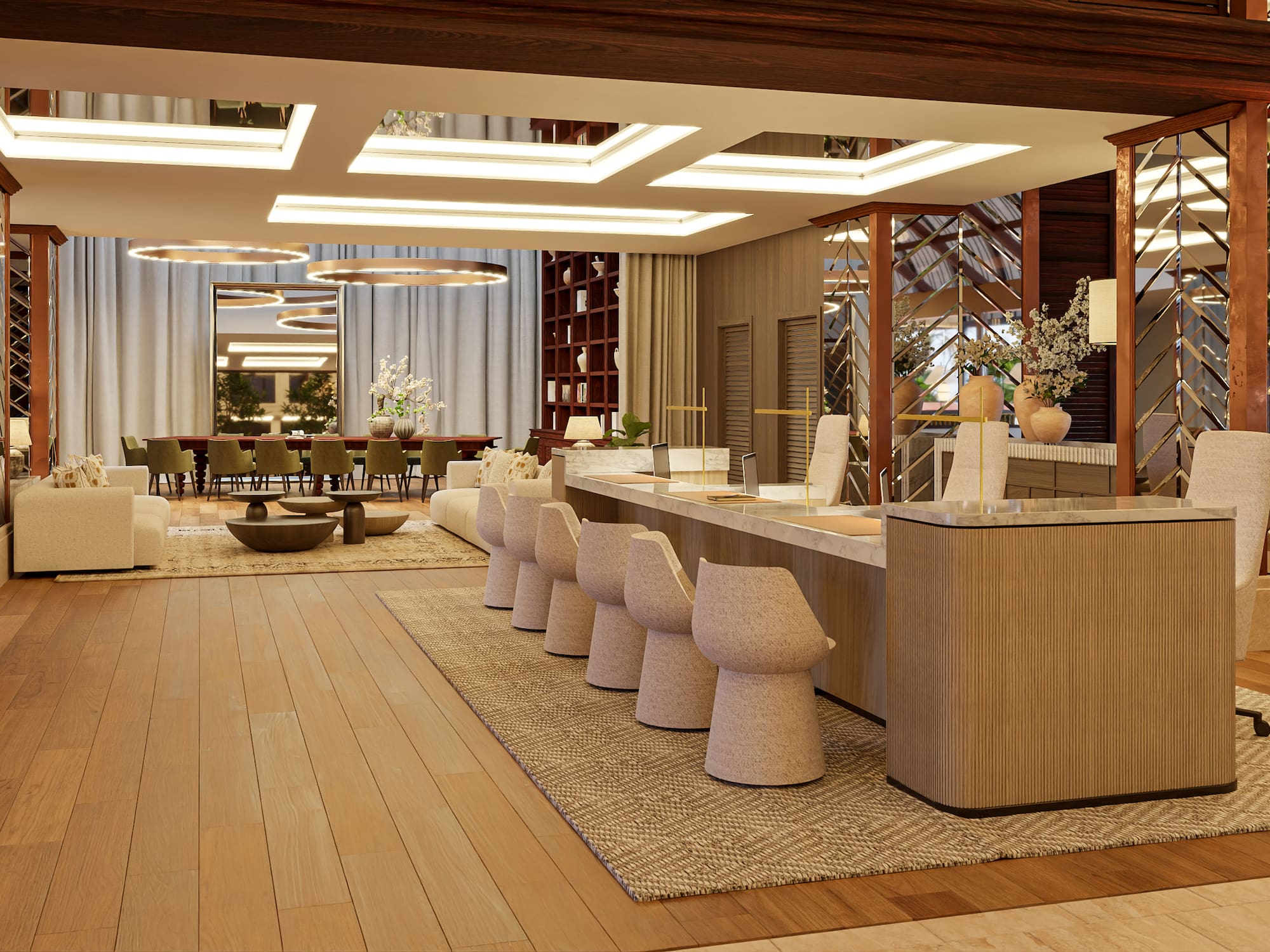 Elegant hotel lobby with modern reception, lounge seating, and dining area.