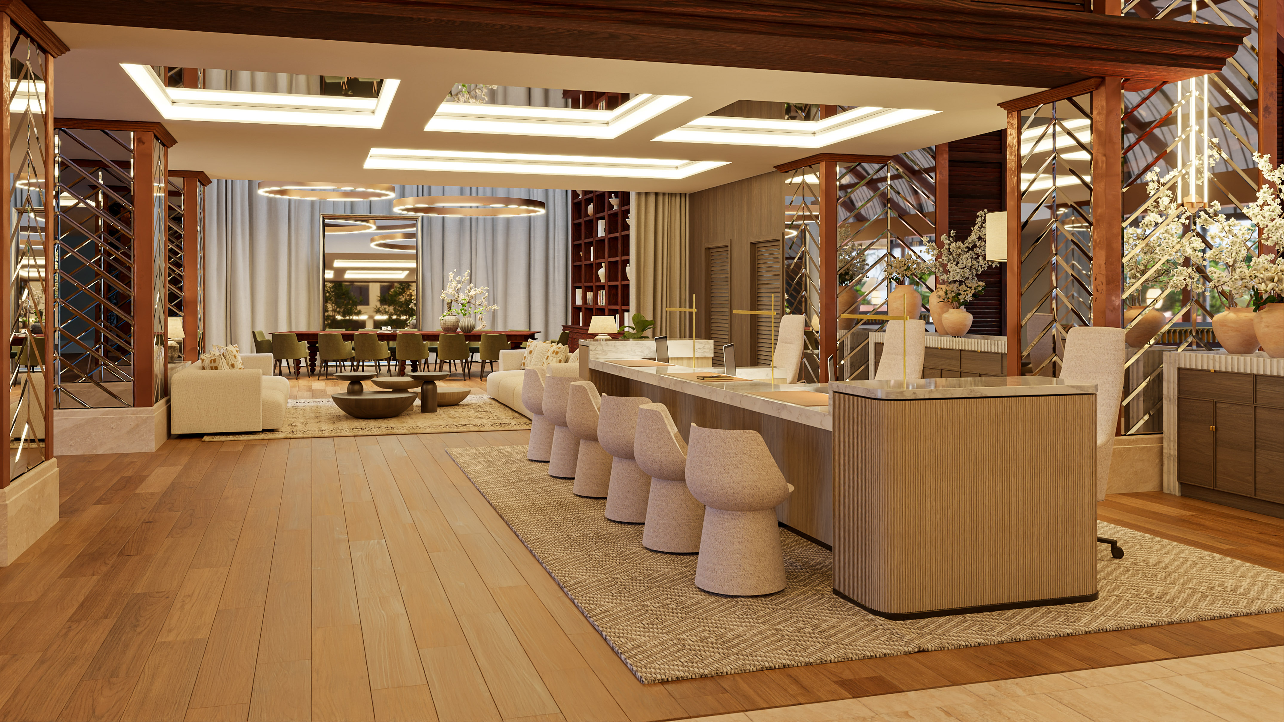 Elegant hotel lobby with modern reception, lounge seating, and dining area.