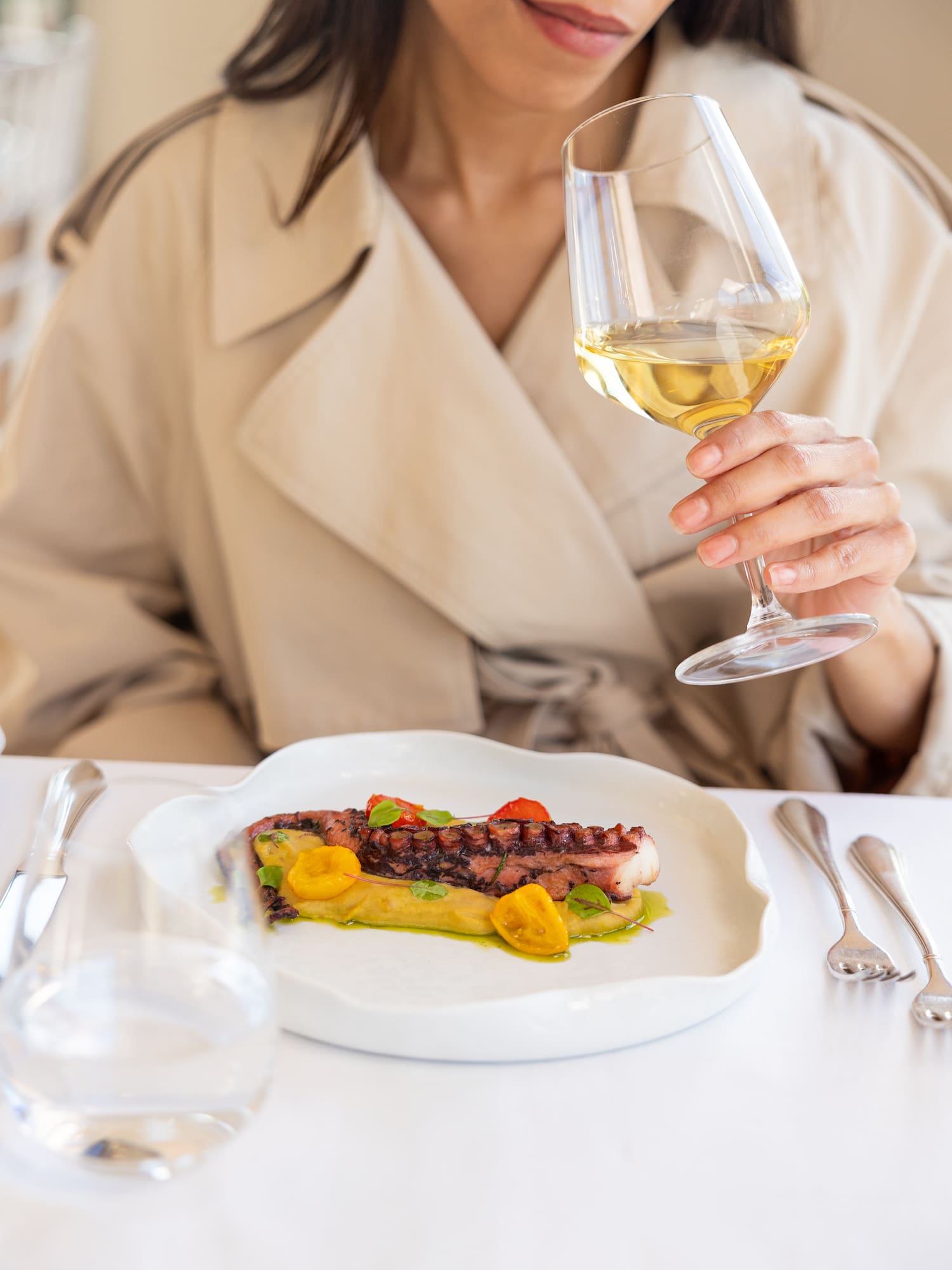 a person holding a glass of wine over a plate of food