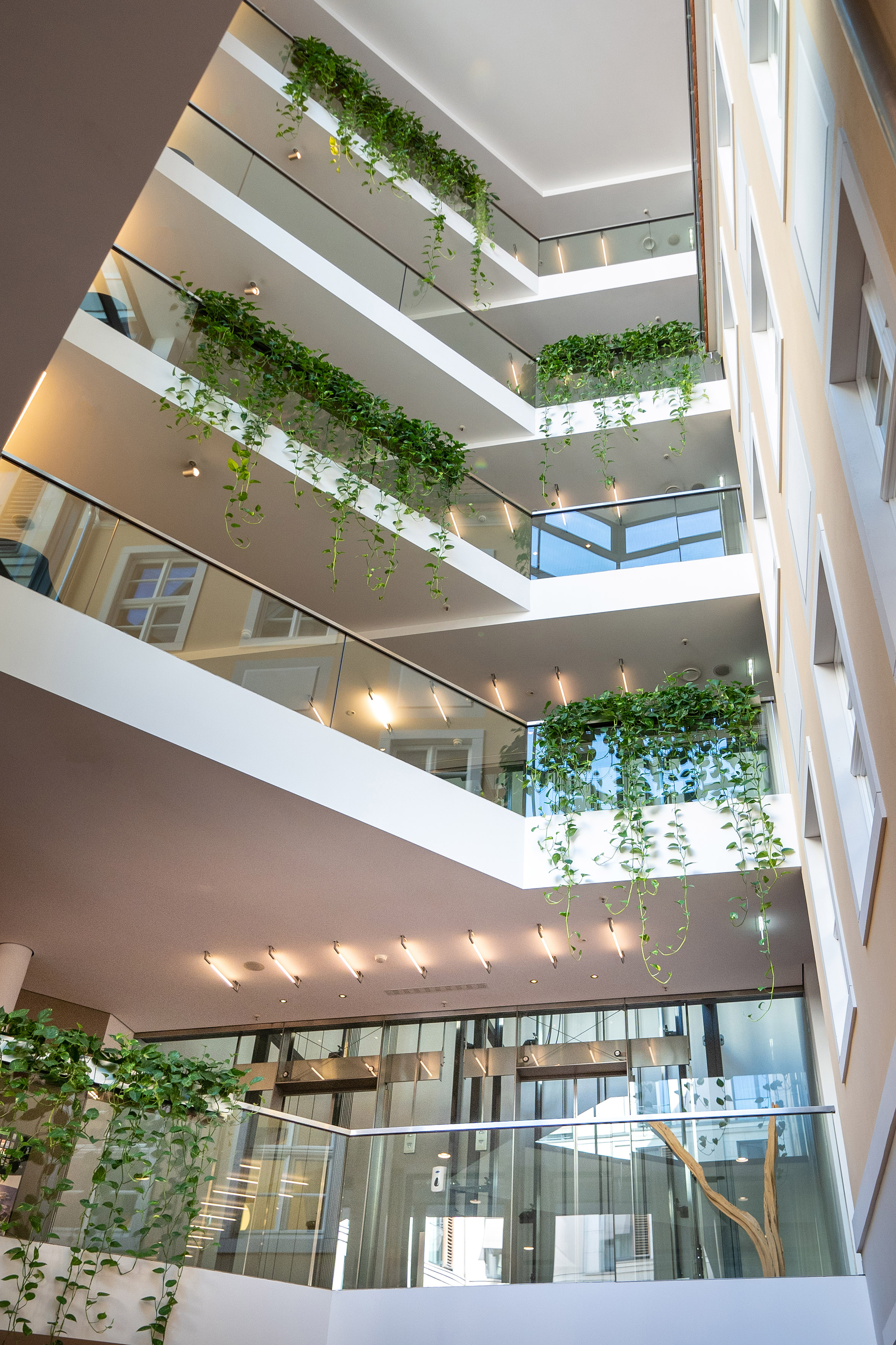 Modern multi-level atrium with glass balconies and cascading green plants.