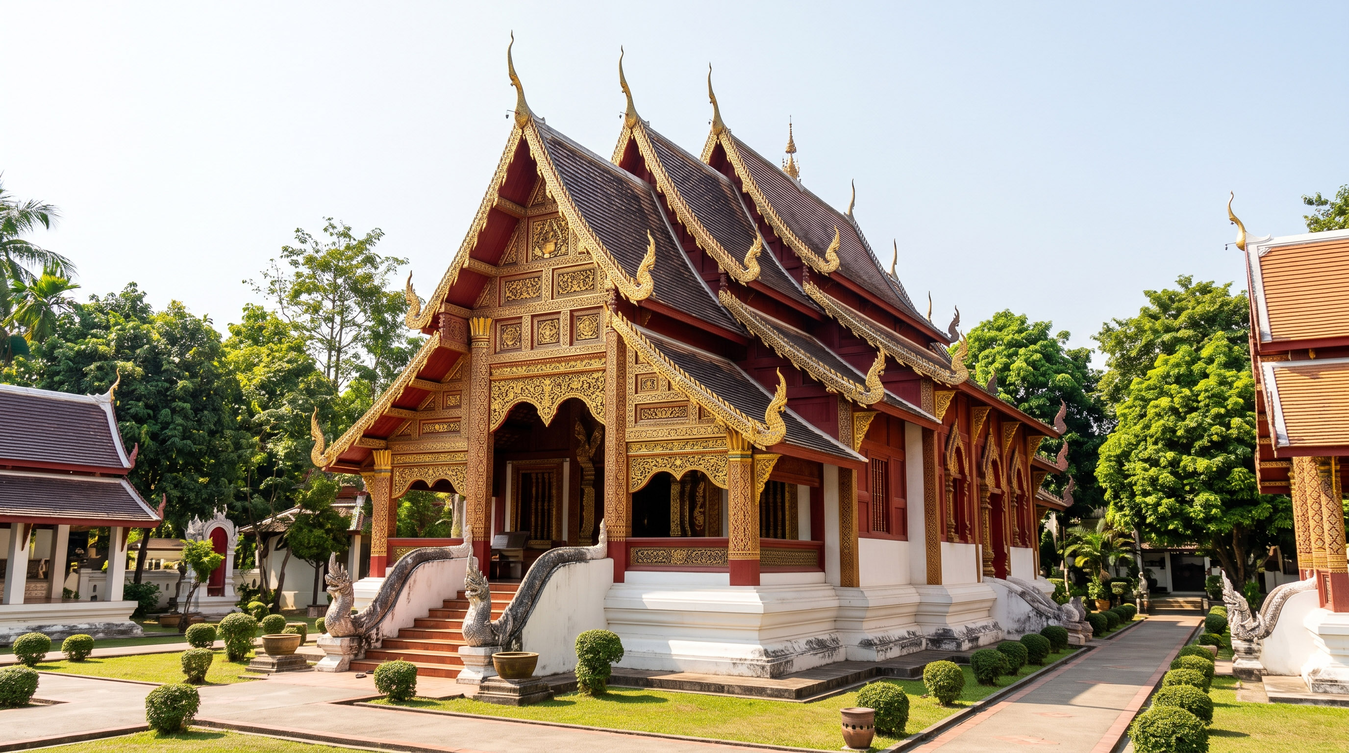 Ornate gold and red Thai temple with tiered roofs and naga steps, sunny day.