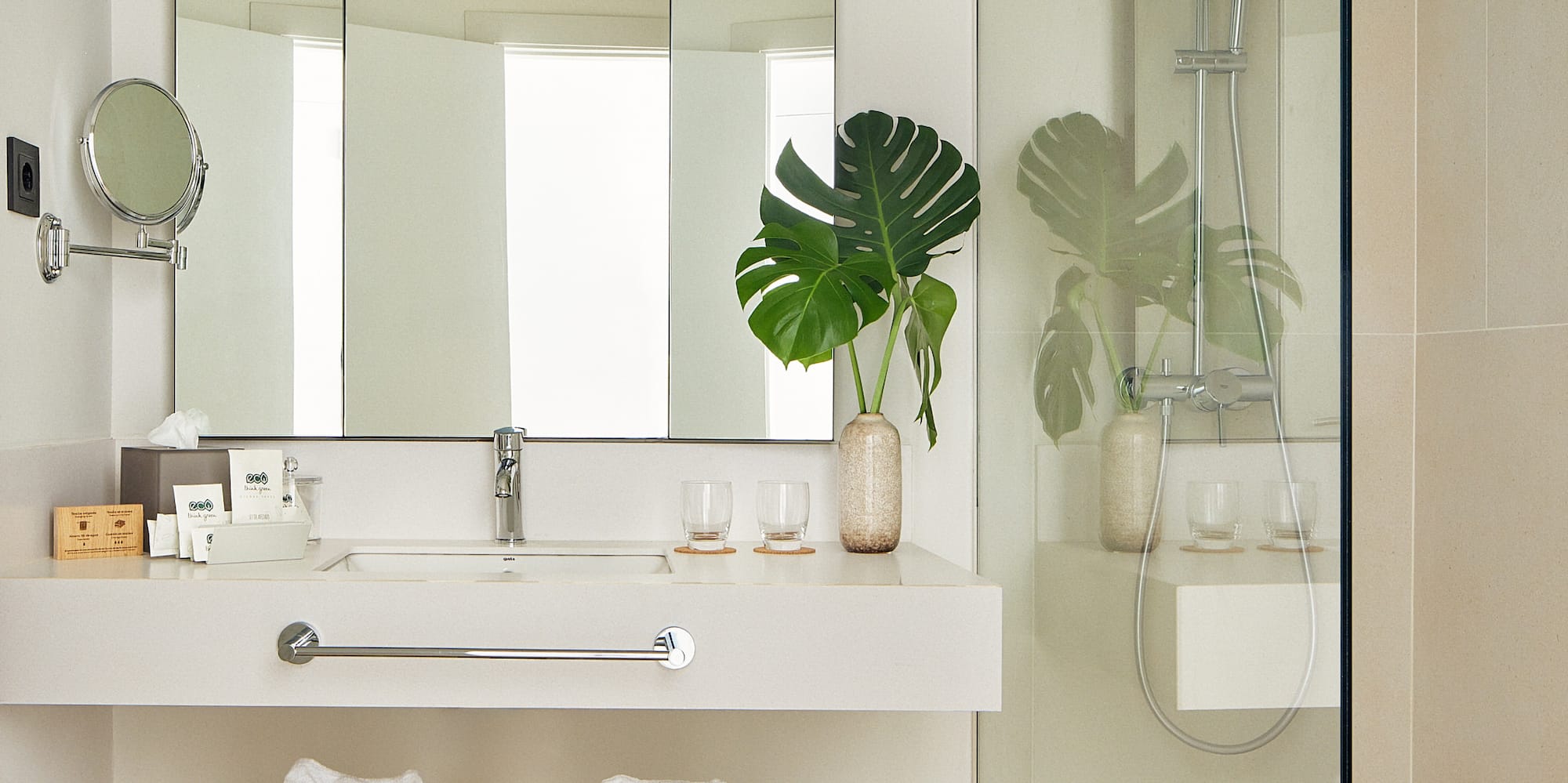 a bathroom with a mirror and a sink