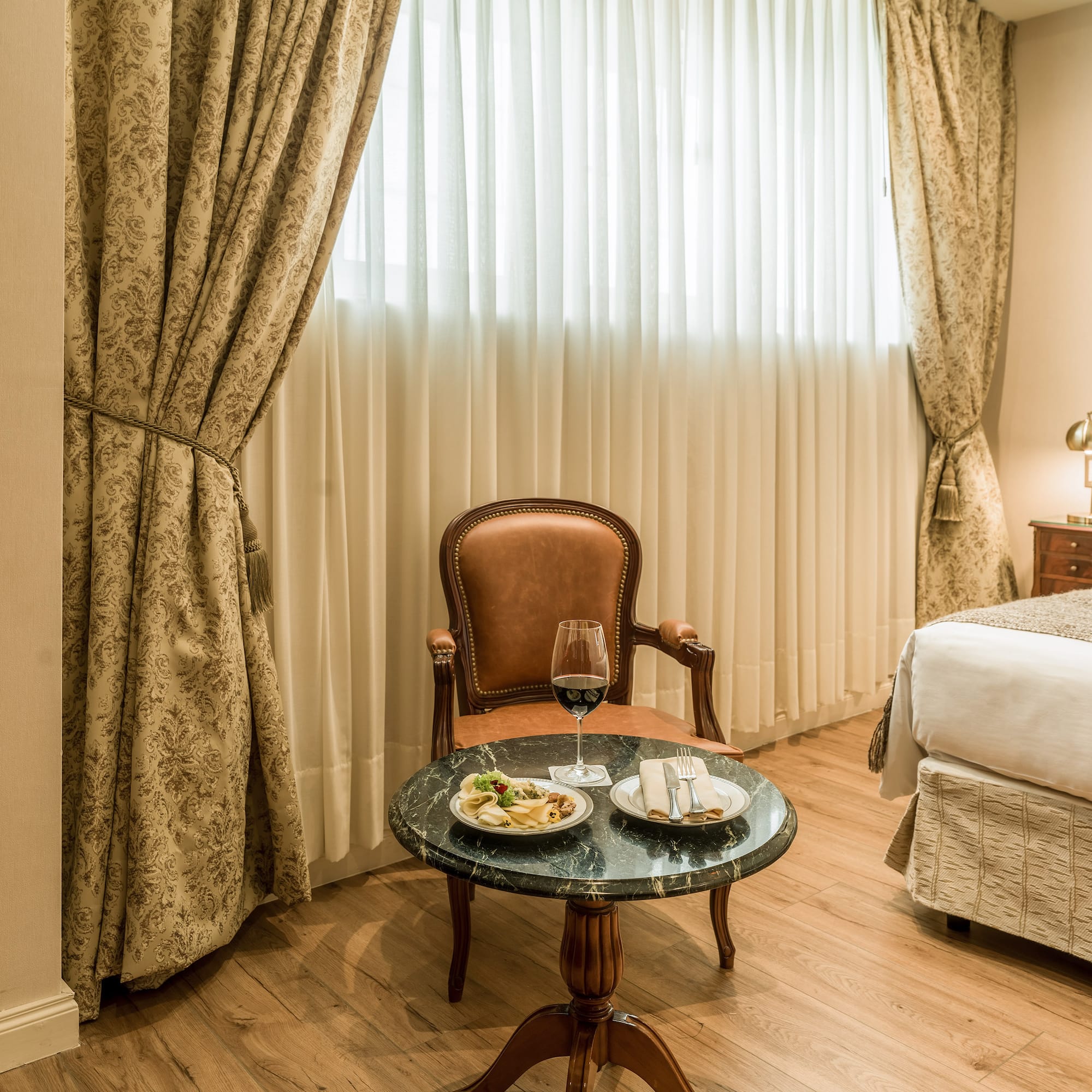 a chair and table with food on it