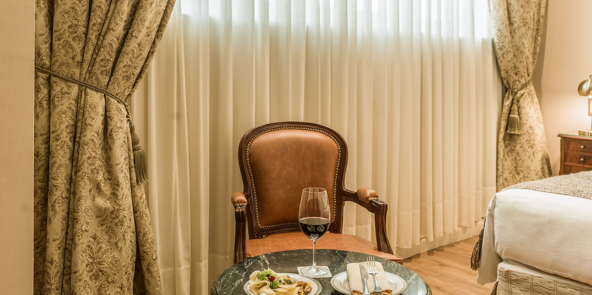 a chair and table with food on it