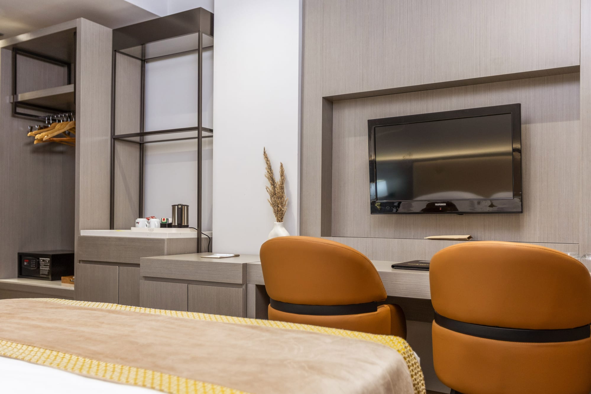 a room with a tv and a table