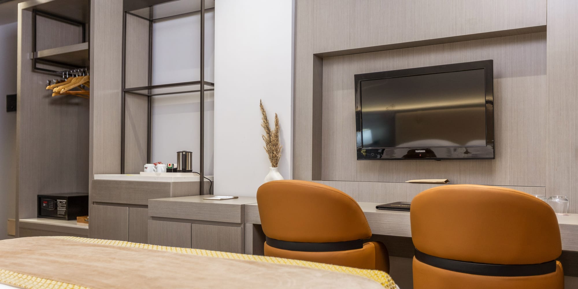 a room with a tv and a table