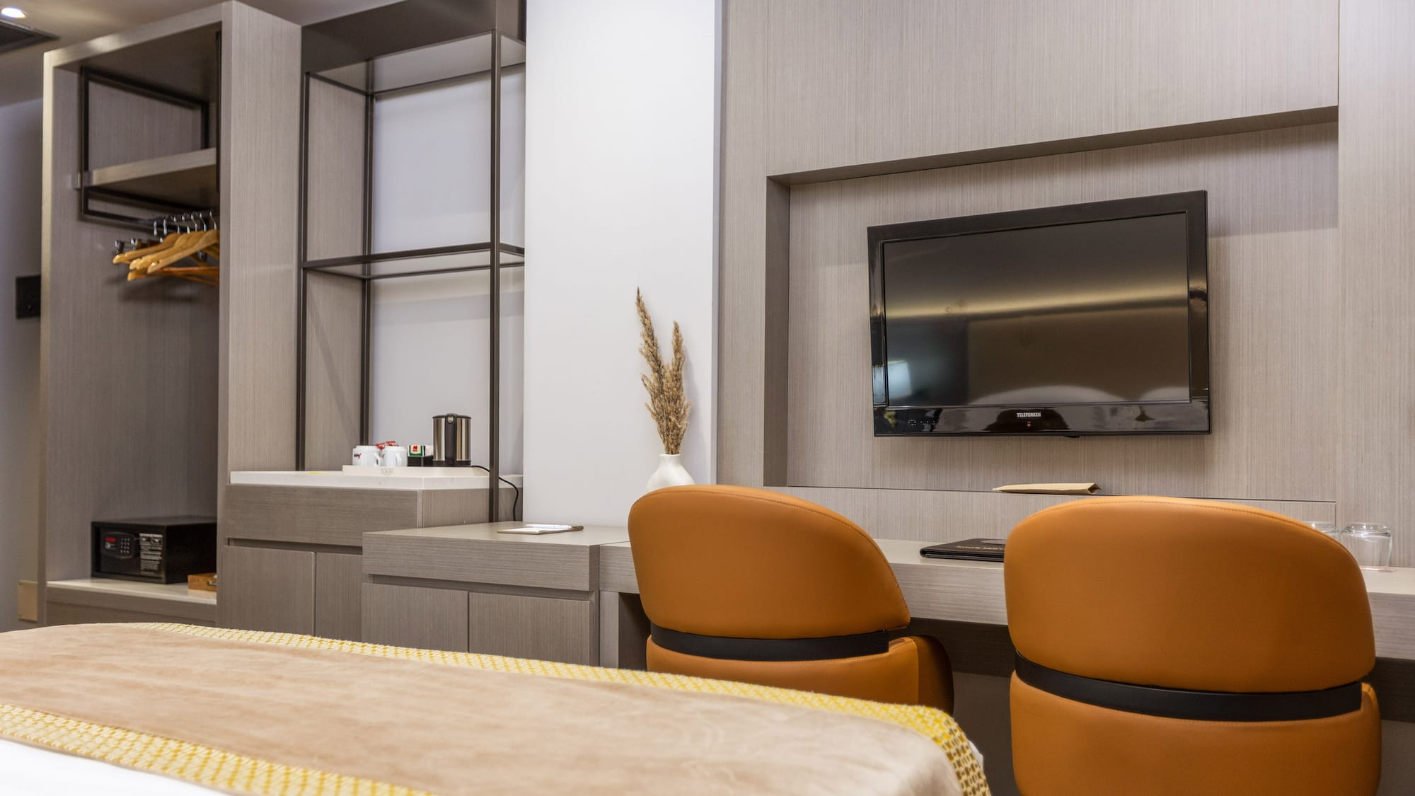 a room with a tv and a table