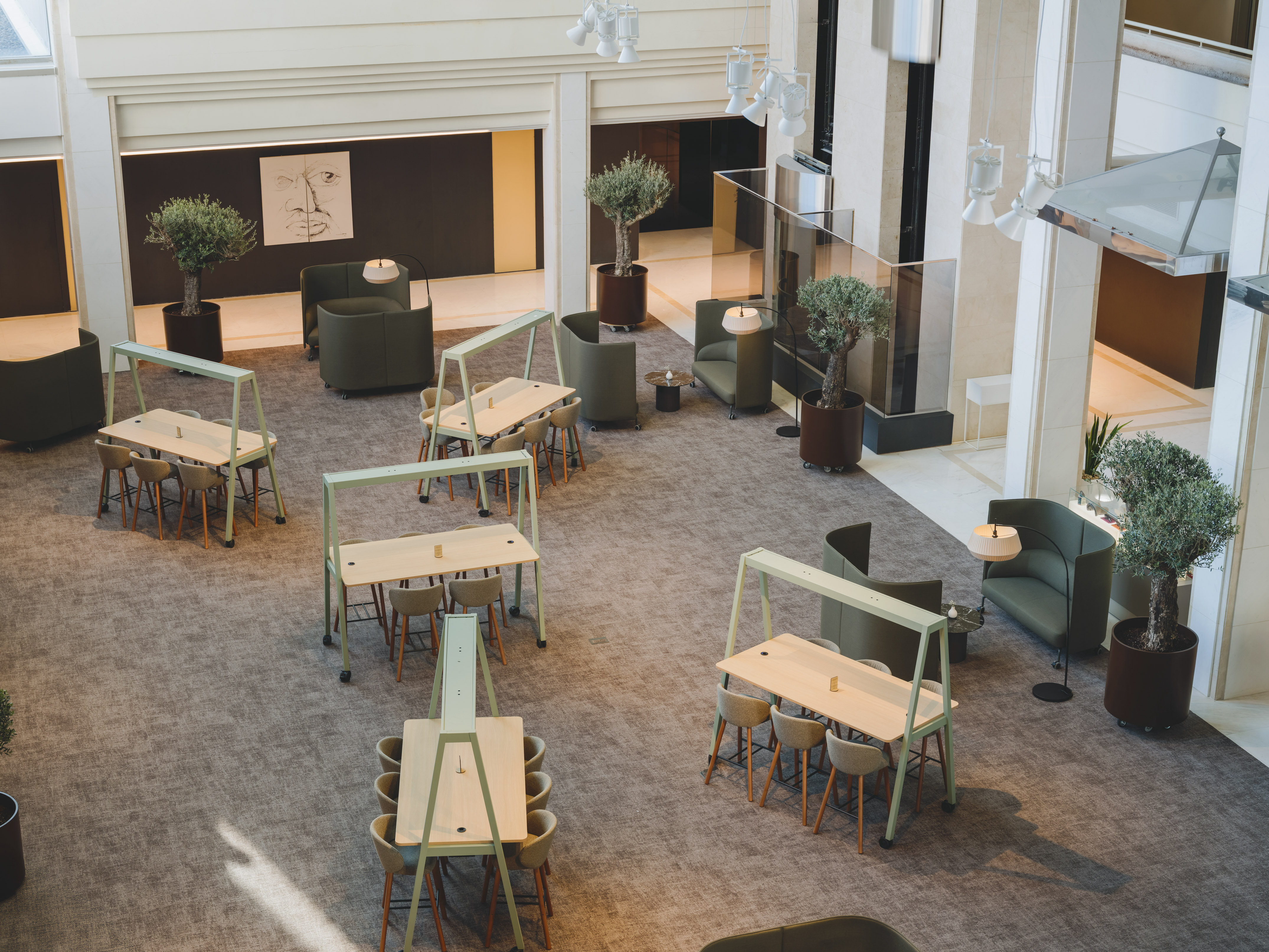 Modern office lobby with collaborative work tables, green seating, and olive trees.