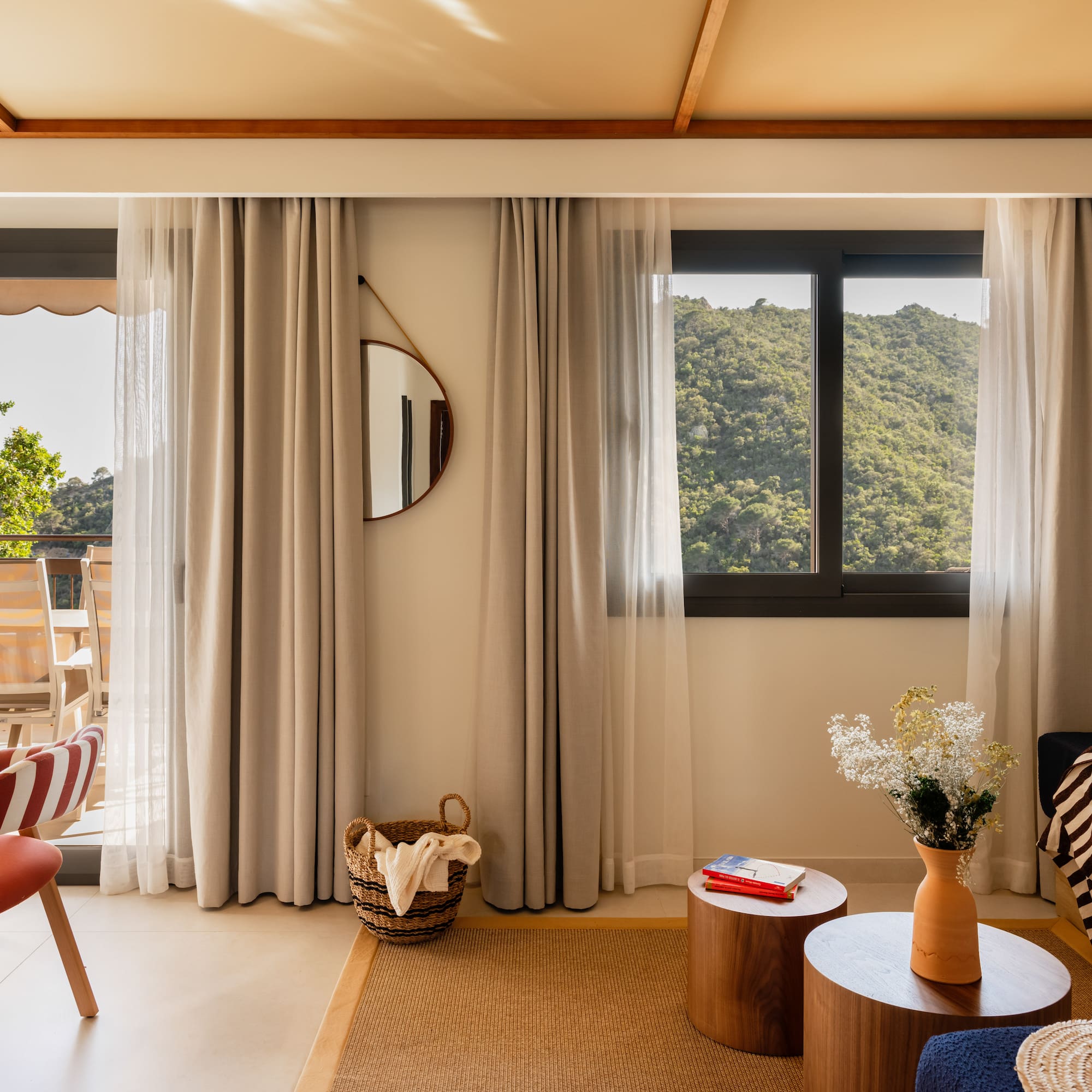 a room with a chair and a table