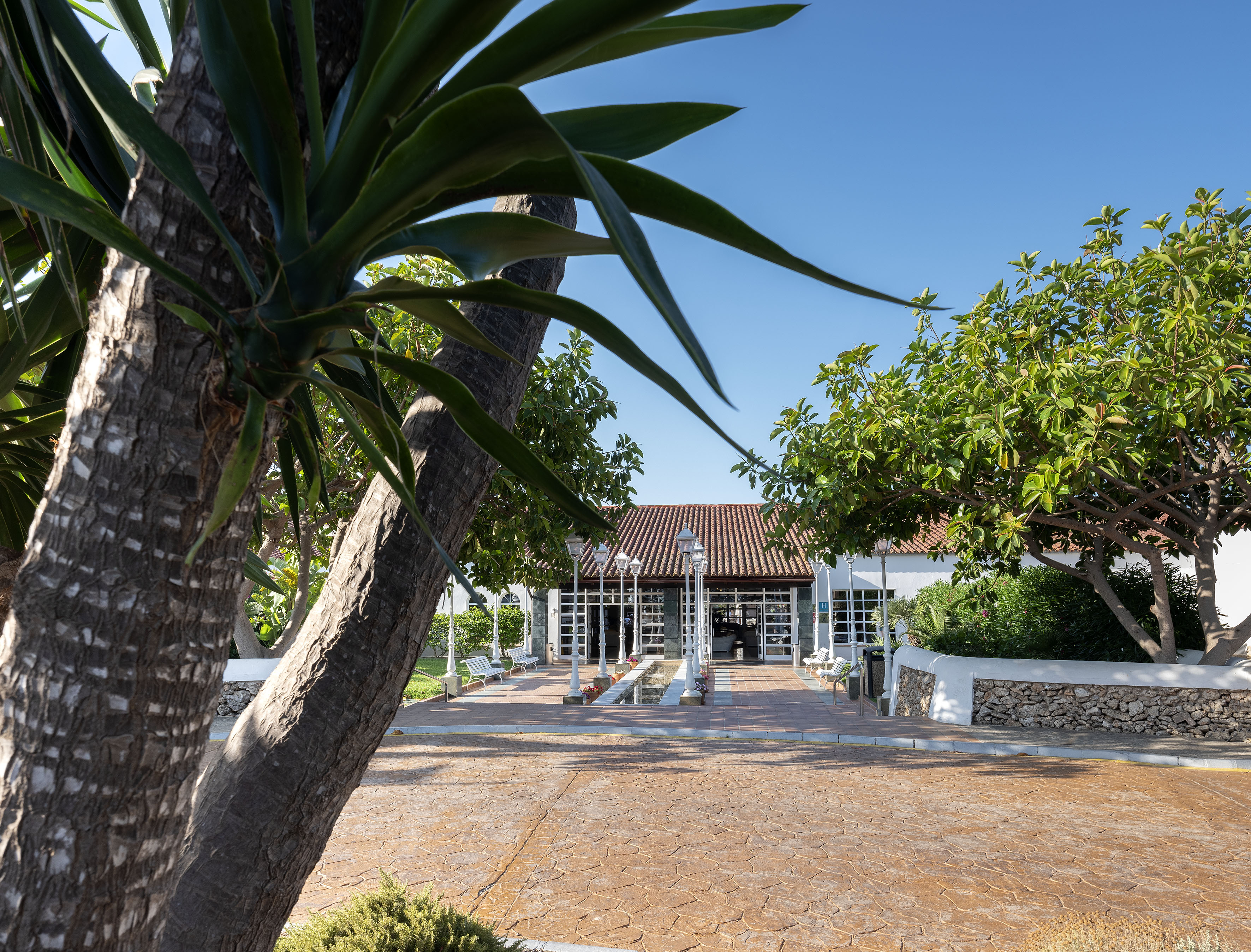 Resort entrance with tiled roof, tropical trees, and paved pathway under blue sky.
