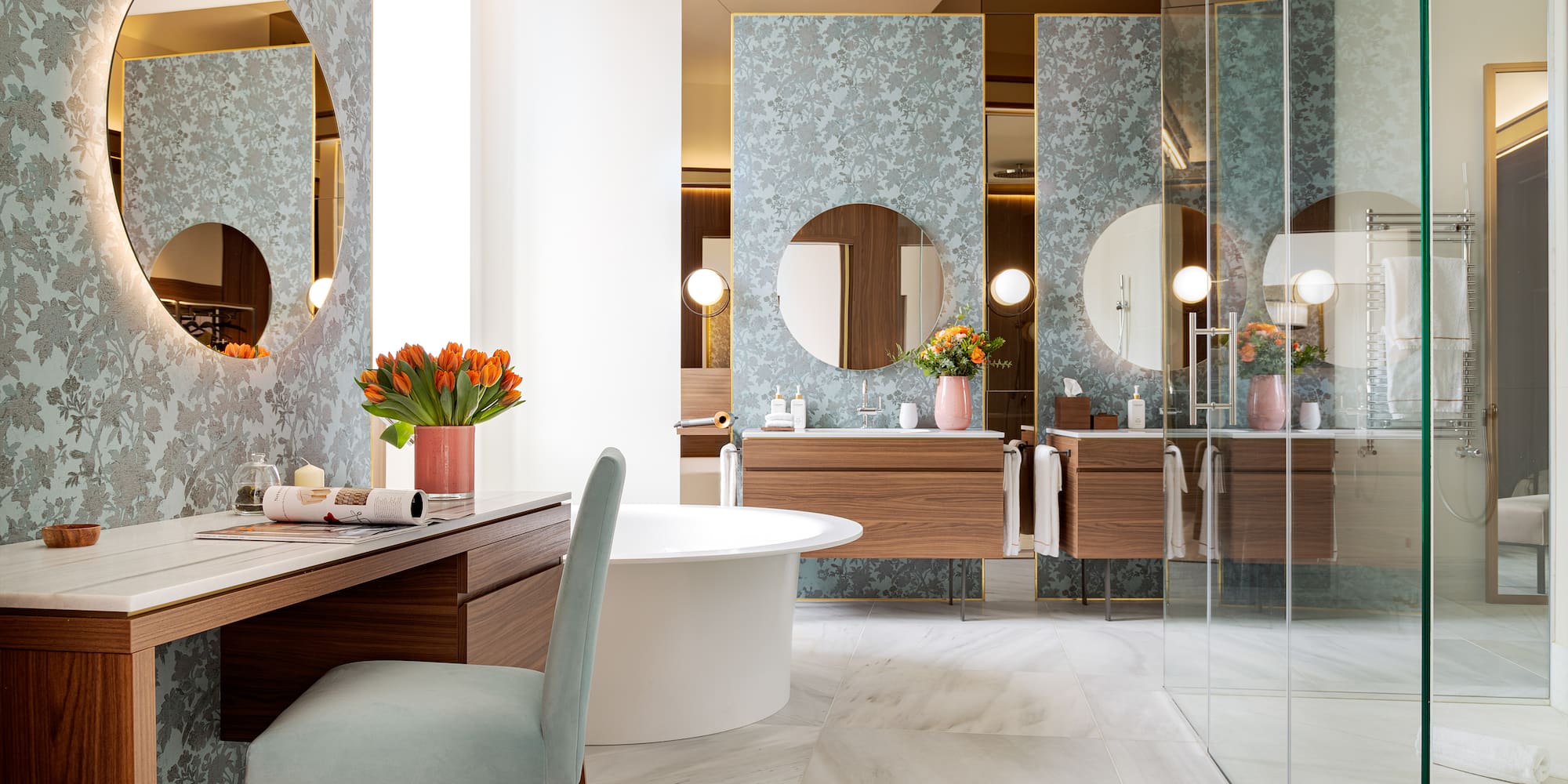 a bathroom with a tub and a mirror