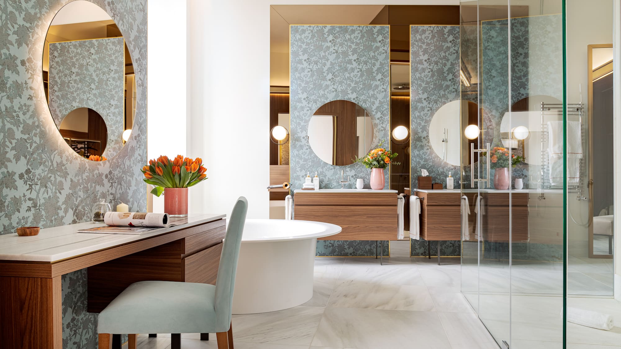 a bathroom with a tub and a mirror