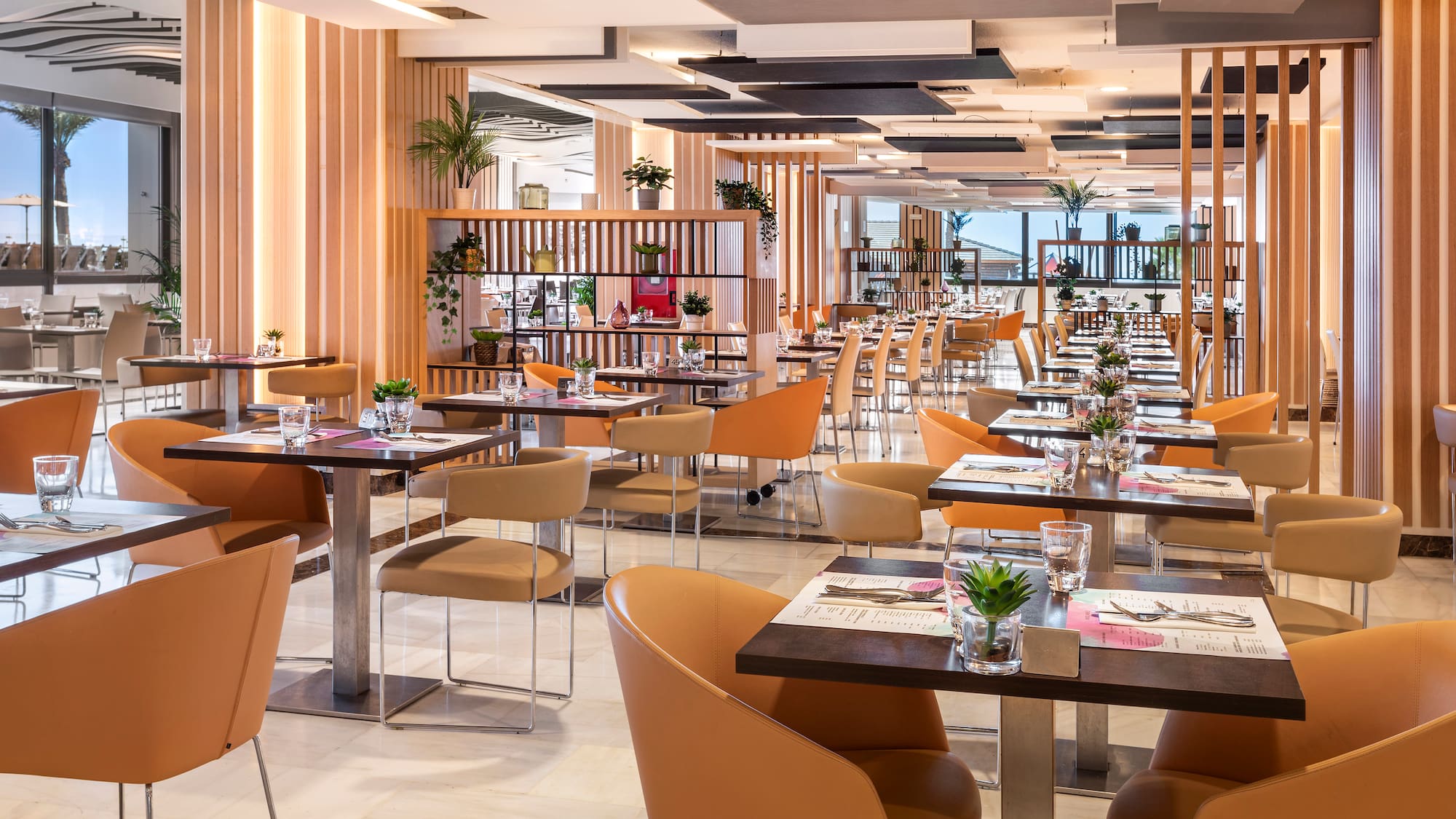 a room with tables and chairs