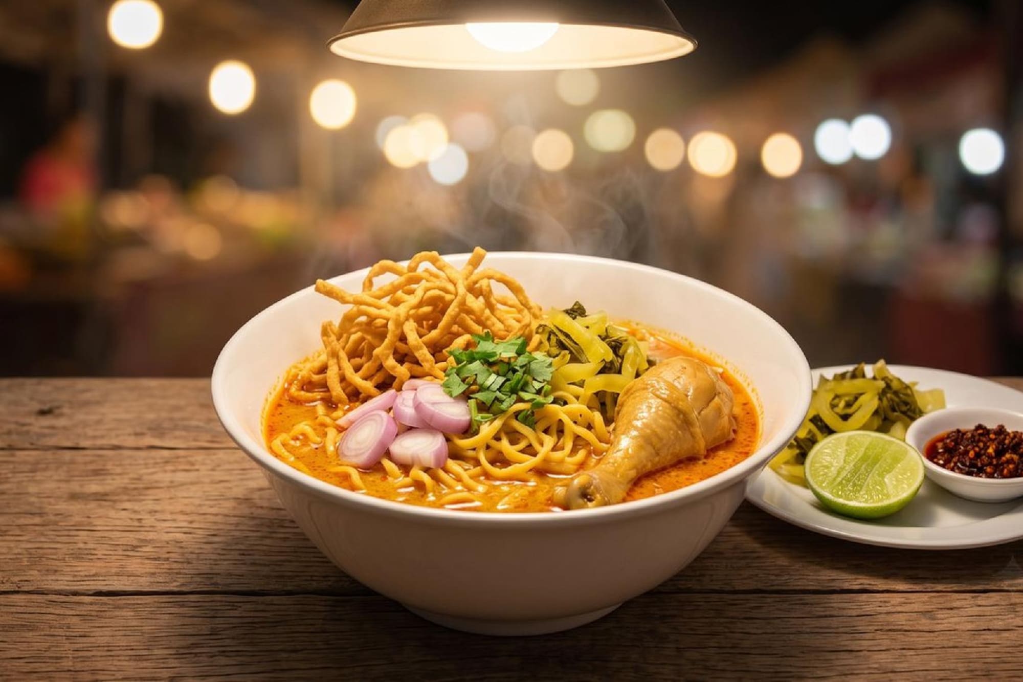 Steaming Khao Soi chicken curry noodles with lime and chili, night market.