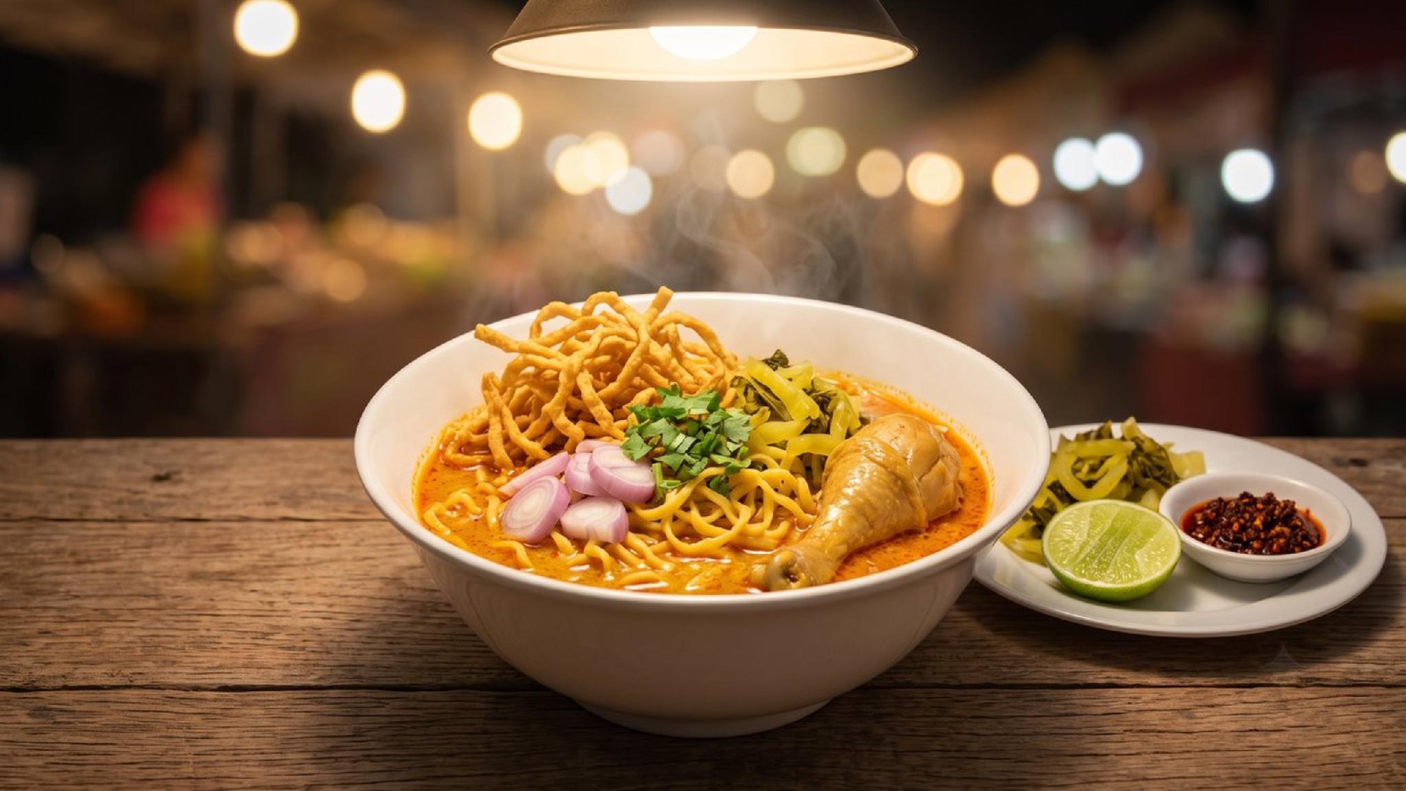 Steaming Khao Soi chicken curry noodles with lime and chili, night market.