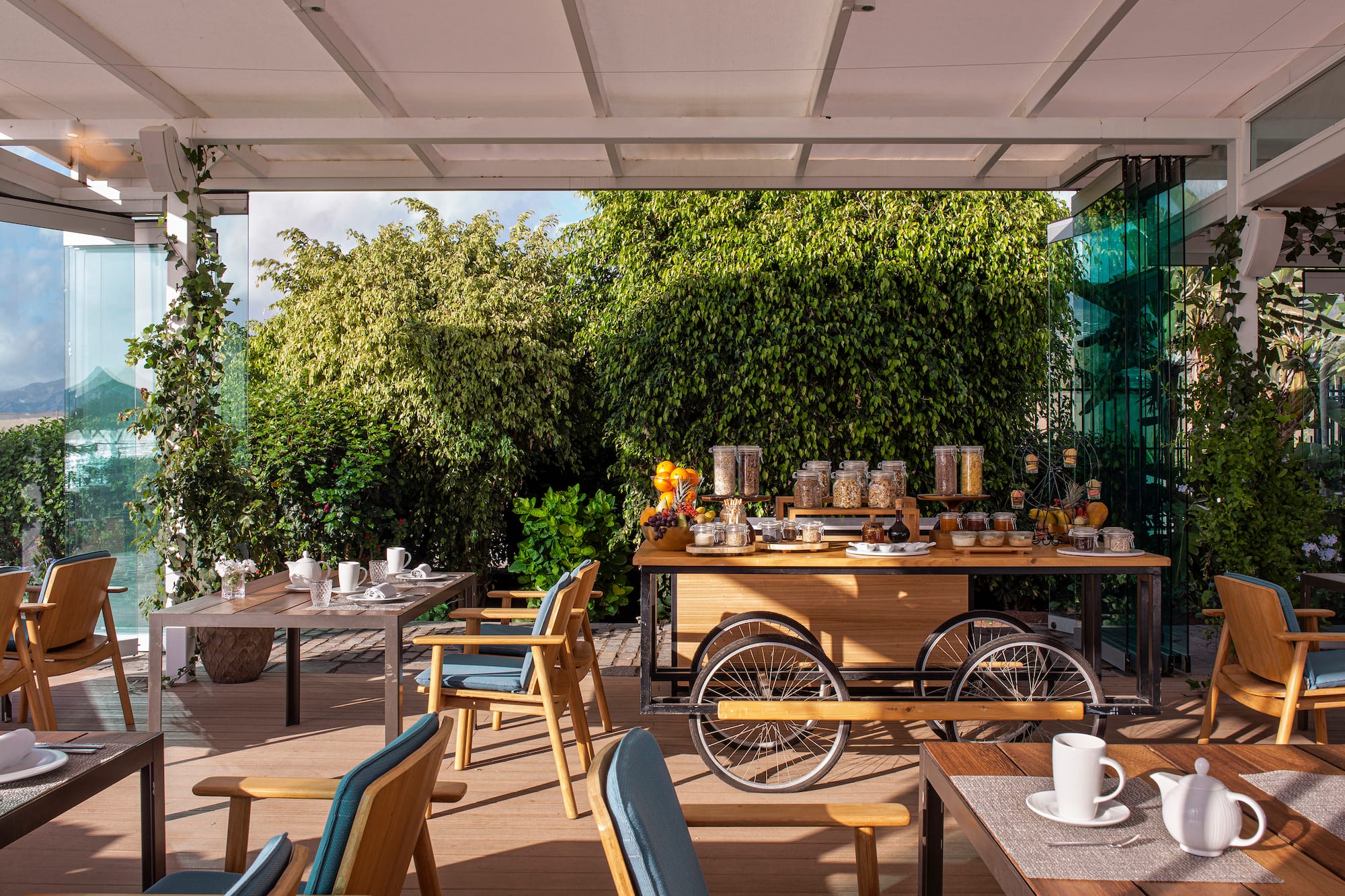 Al fresco breakfast buffet on patio with cereals, fruits, and garden.