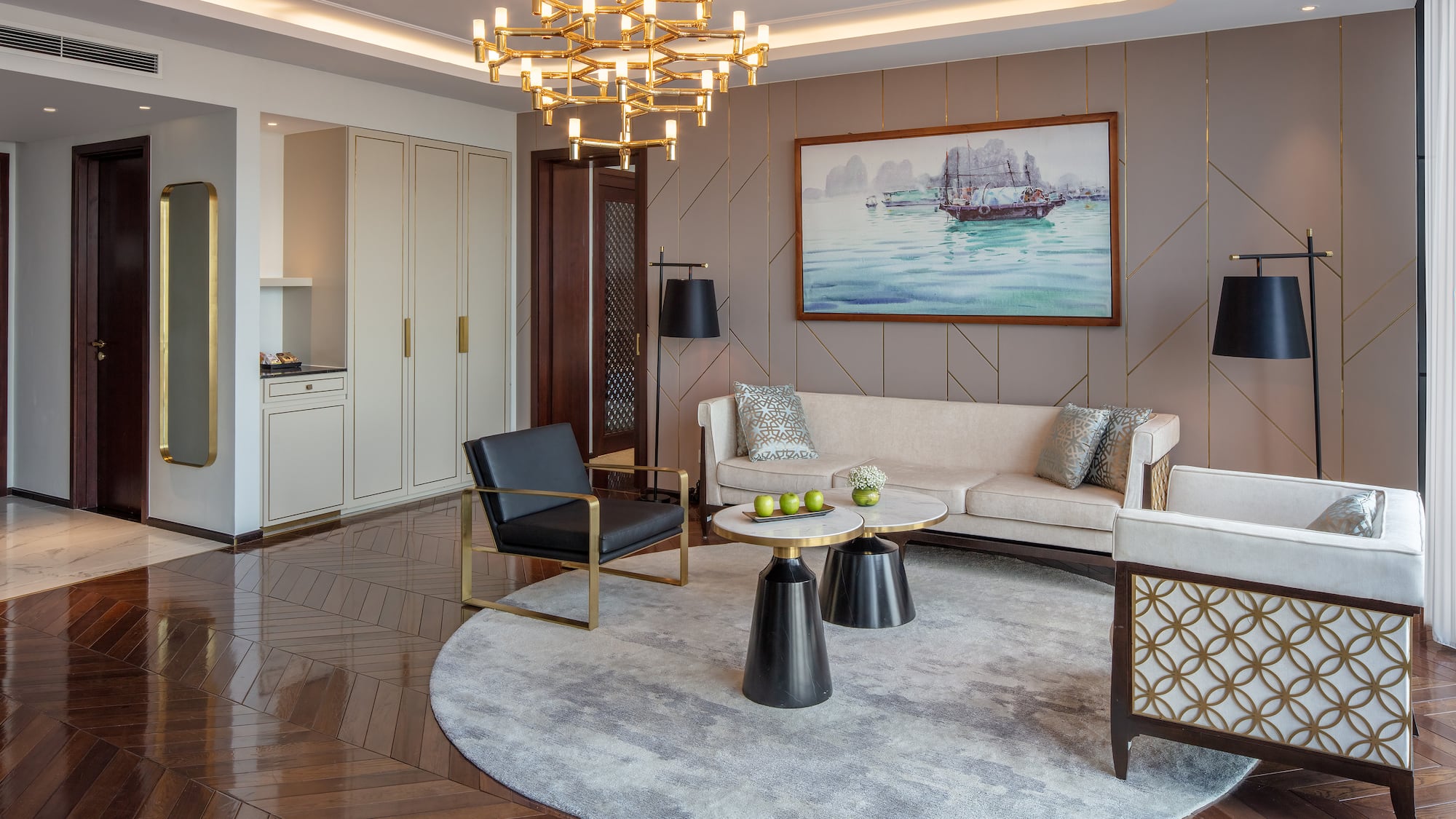 a living room with a couch and a table