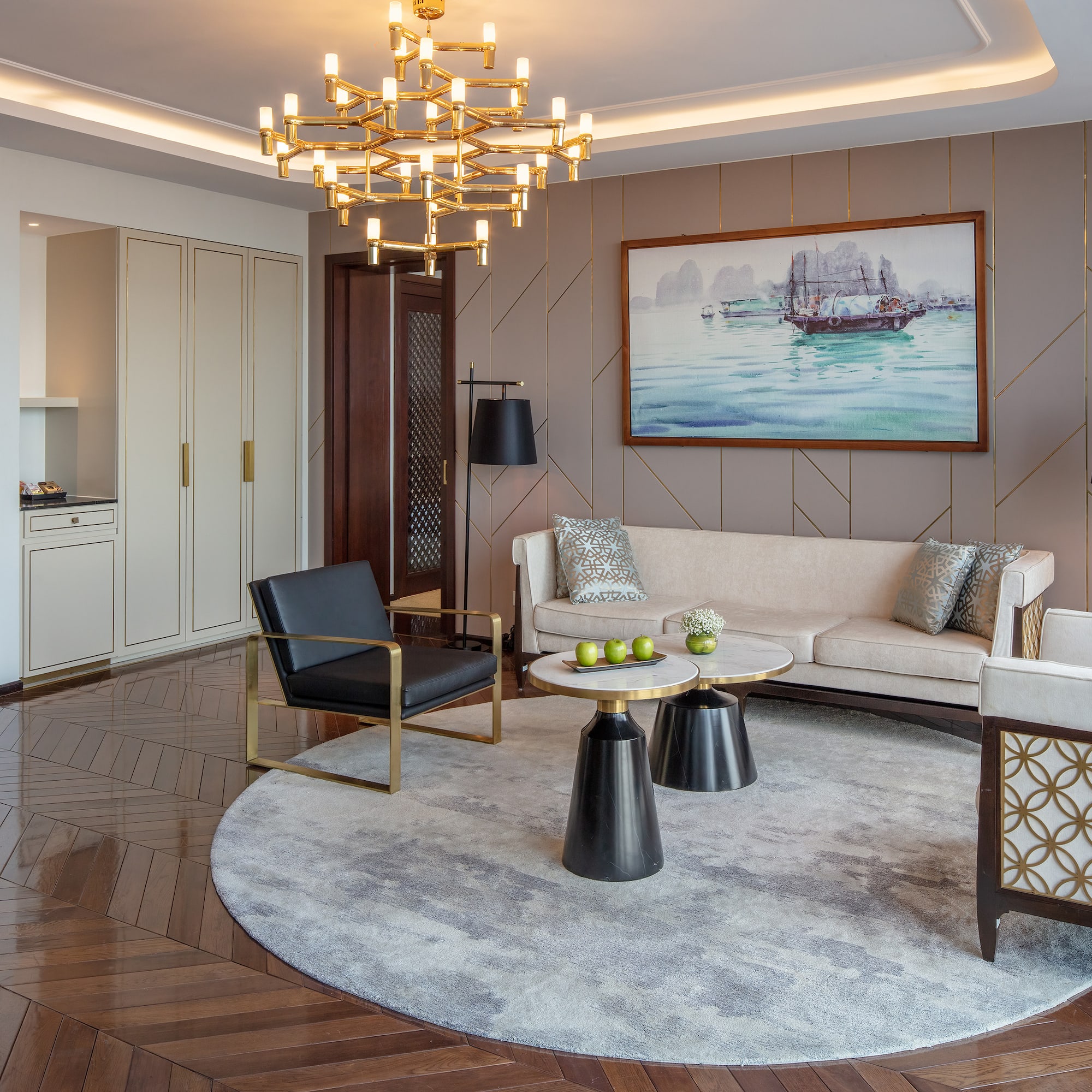 a living room with a couch and a table