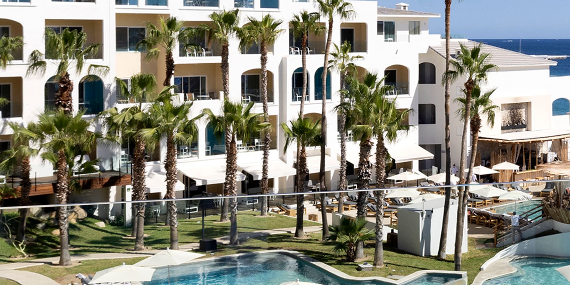 a pool with palm trees and a building