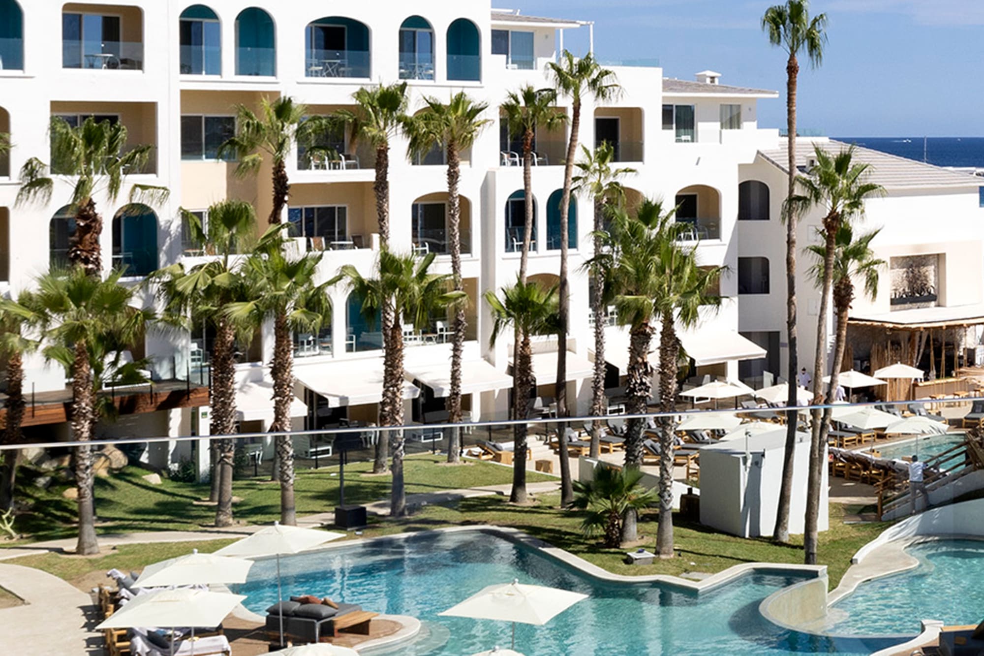 a pool with palm trees and a building